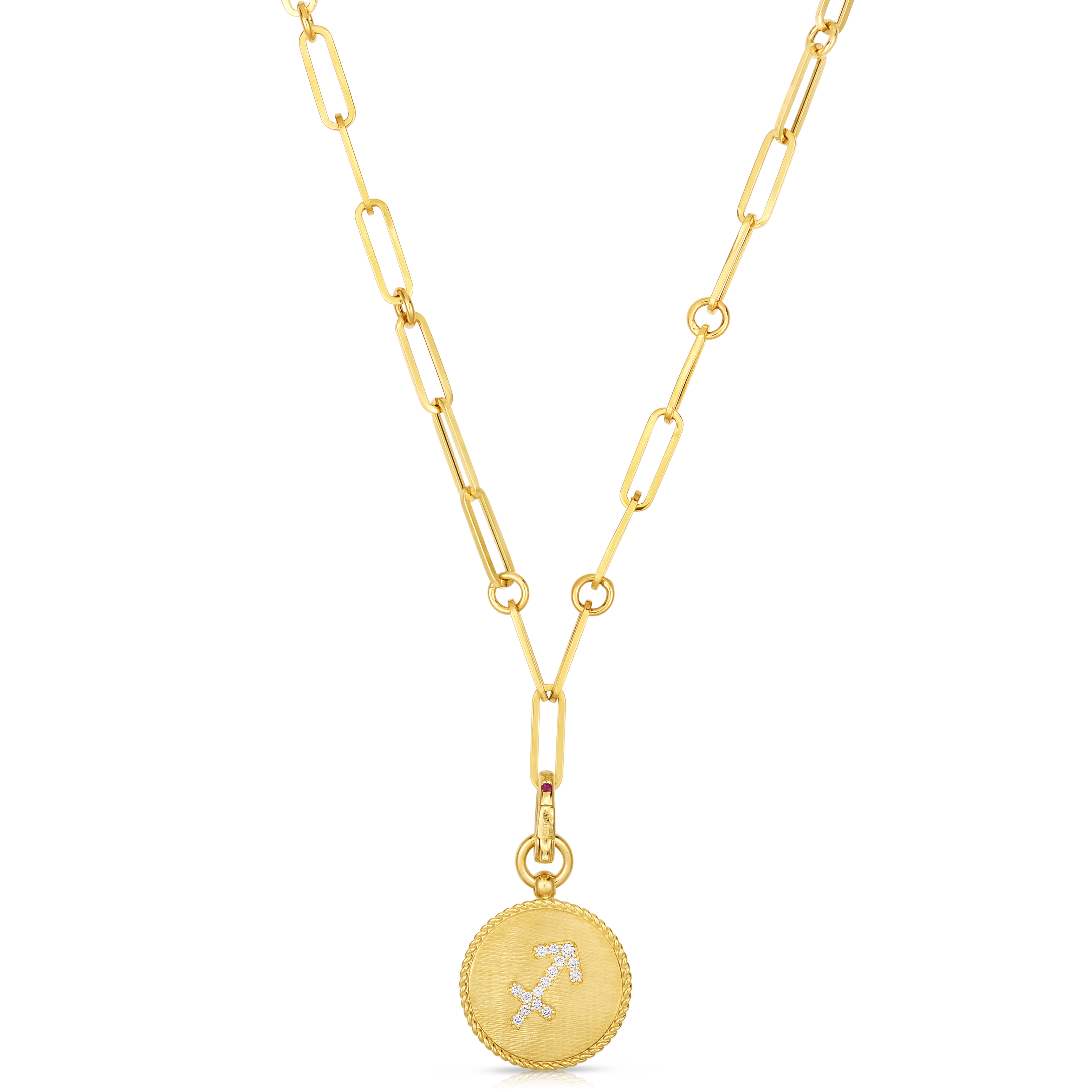 18k Yellow Gold Venetian Princess Diamond & Satin Finish Sagittarius Zodiac Medallion Necklace