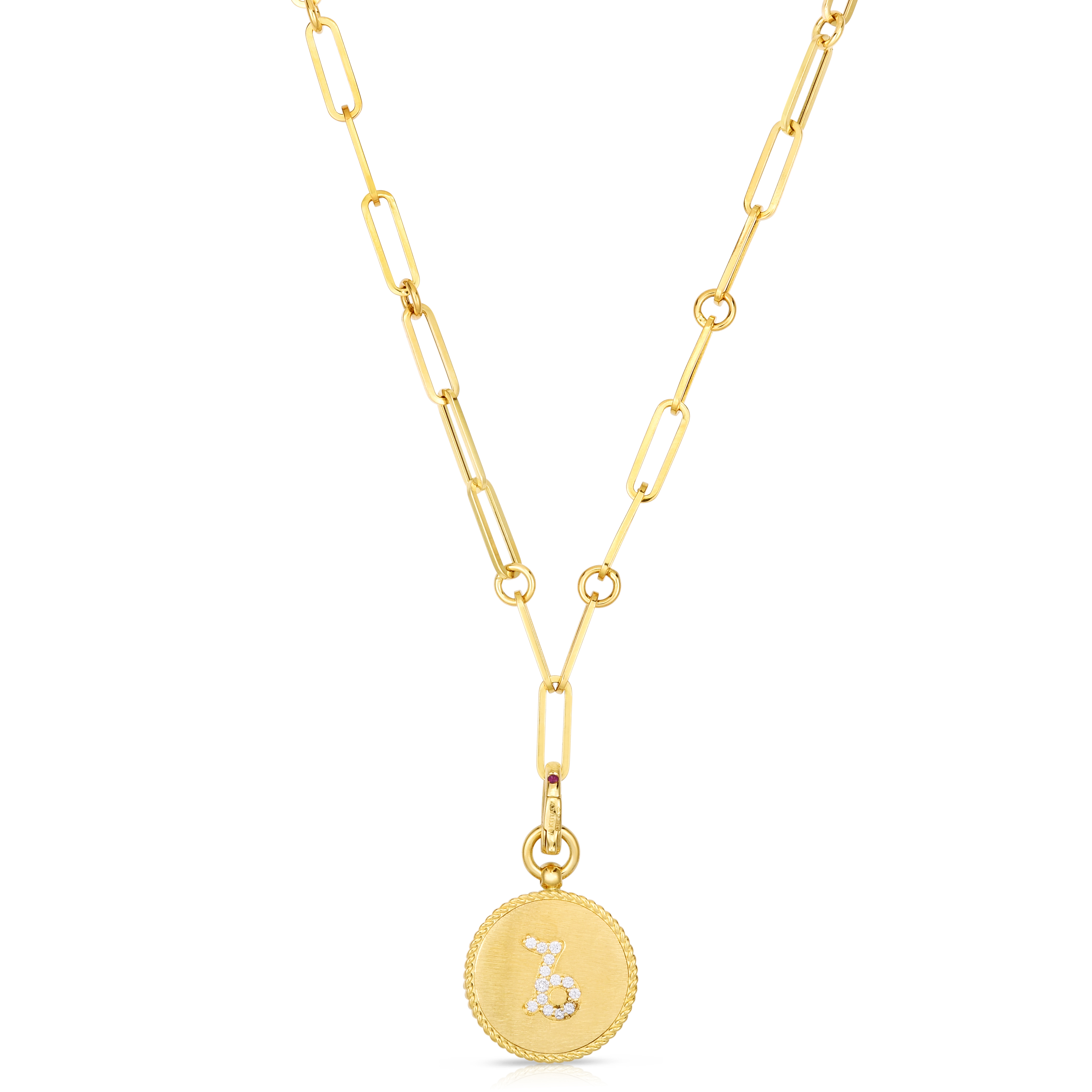 18k Yellow Gold Venetian Princess Diamond & Satin Finish Capricorn Zodiac Medallion Necklace