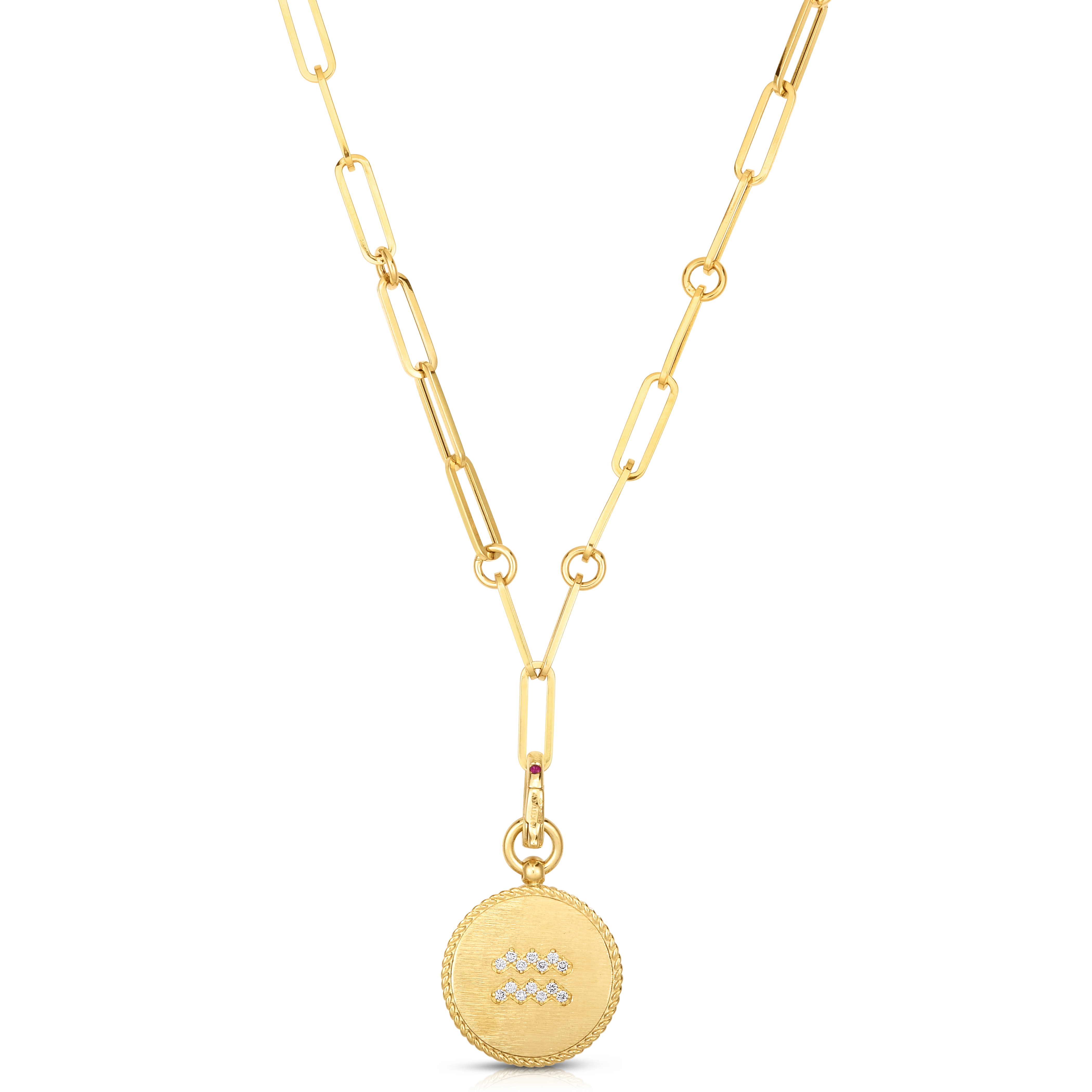 18k Yellow Gold Venetian Princess Diamond & Satin Finish Aquarius Zodiac Medallion Necklace