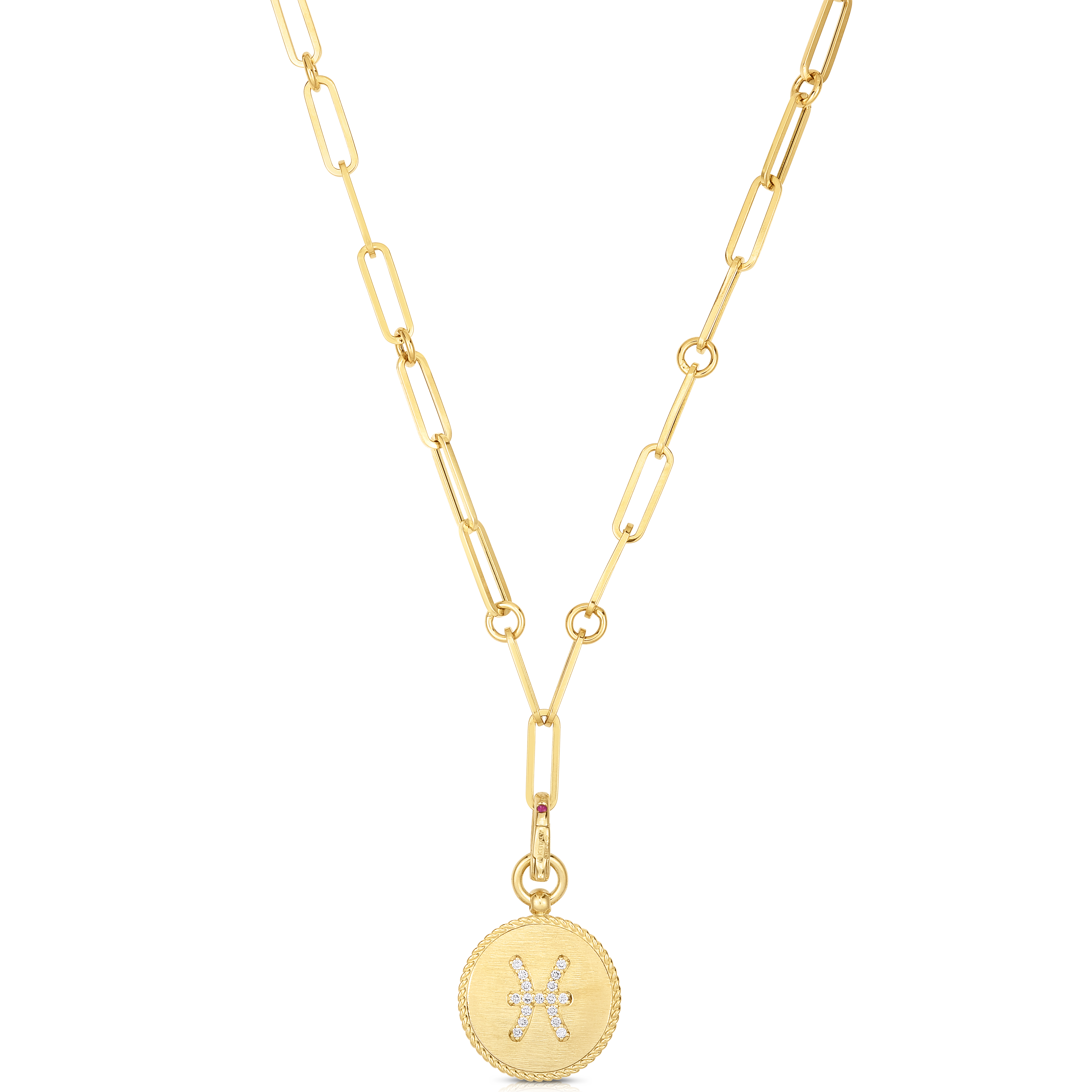 18k Yellow Gold Venetian Princess Diamond & Satin Finish Pisces Zodiac Medallion Necklace
