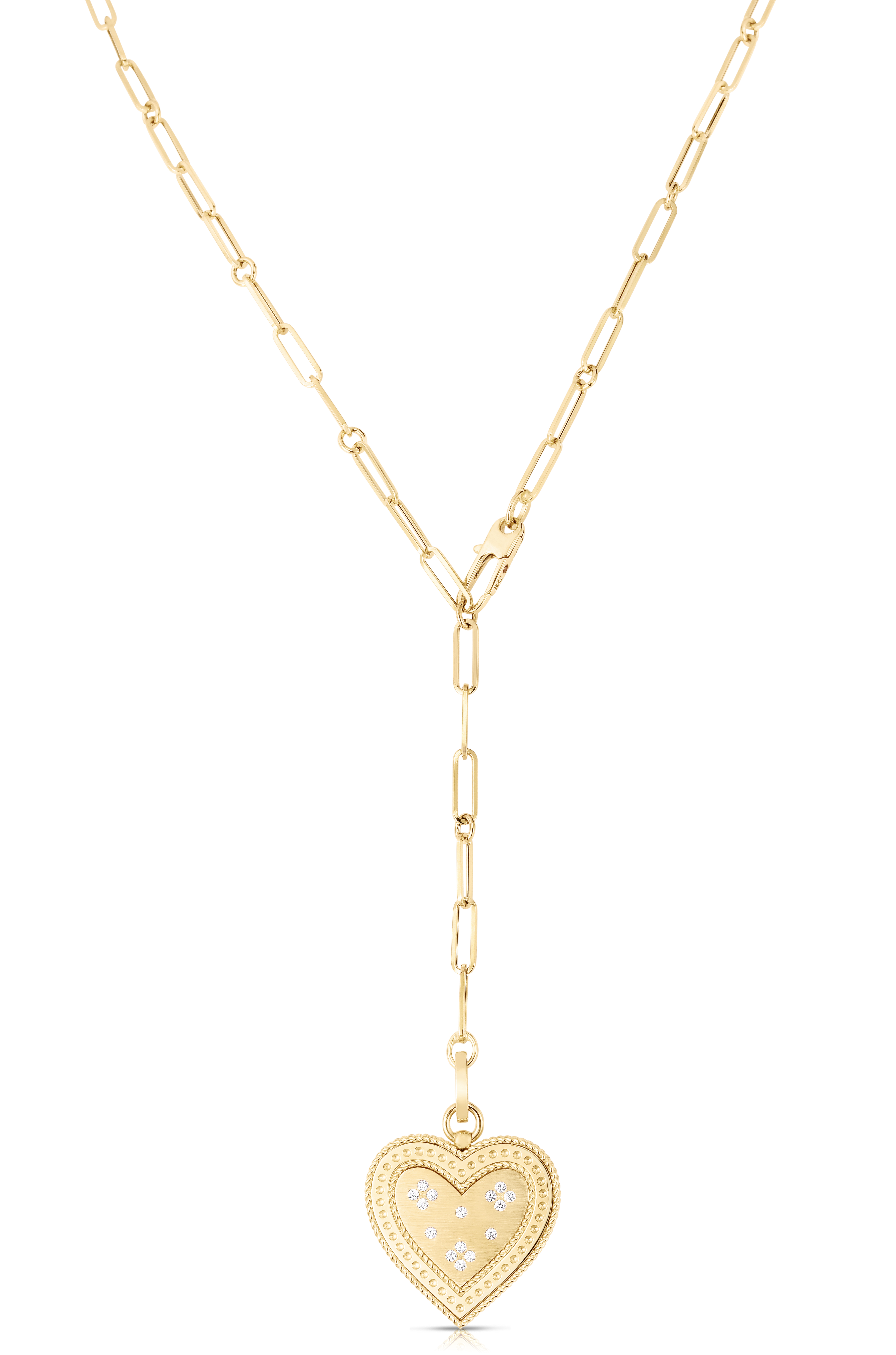 18k Yellow Gold Venetian Princess Large Diamond Heart Medallion Paperclip Necklace