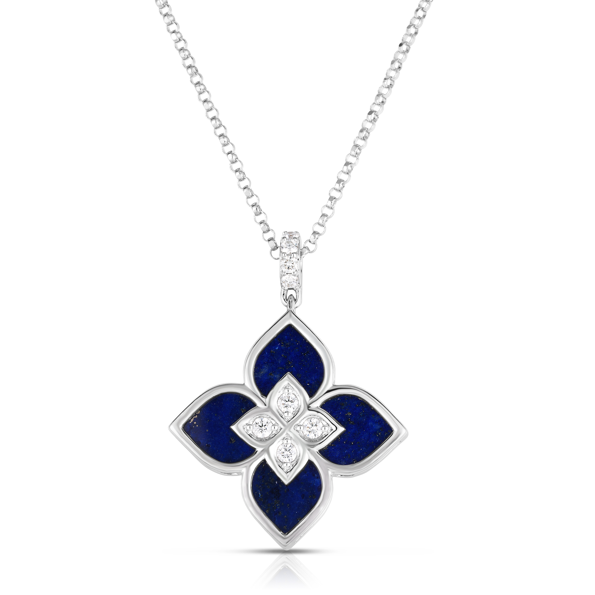 18k White Gold Venetian Princess Diamond & Lapis Small Flower Necklace: 17 Chain With Jump Ring At 16 - 20mm X 20mm