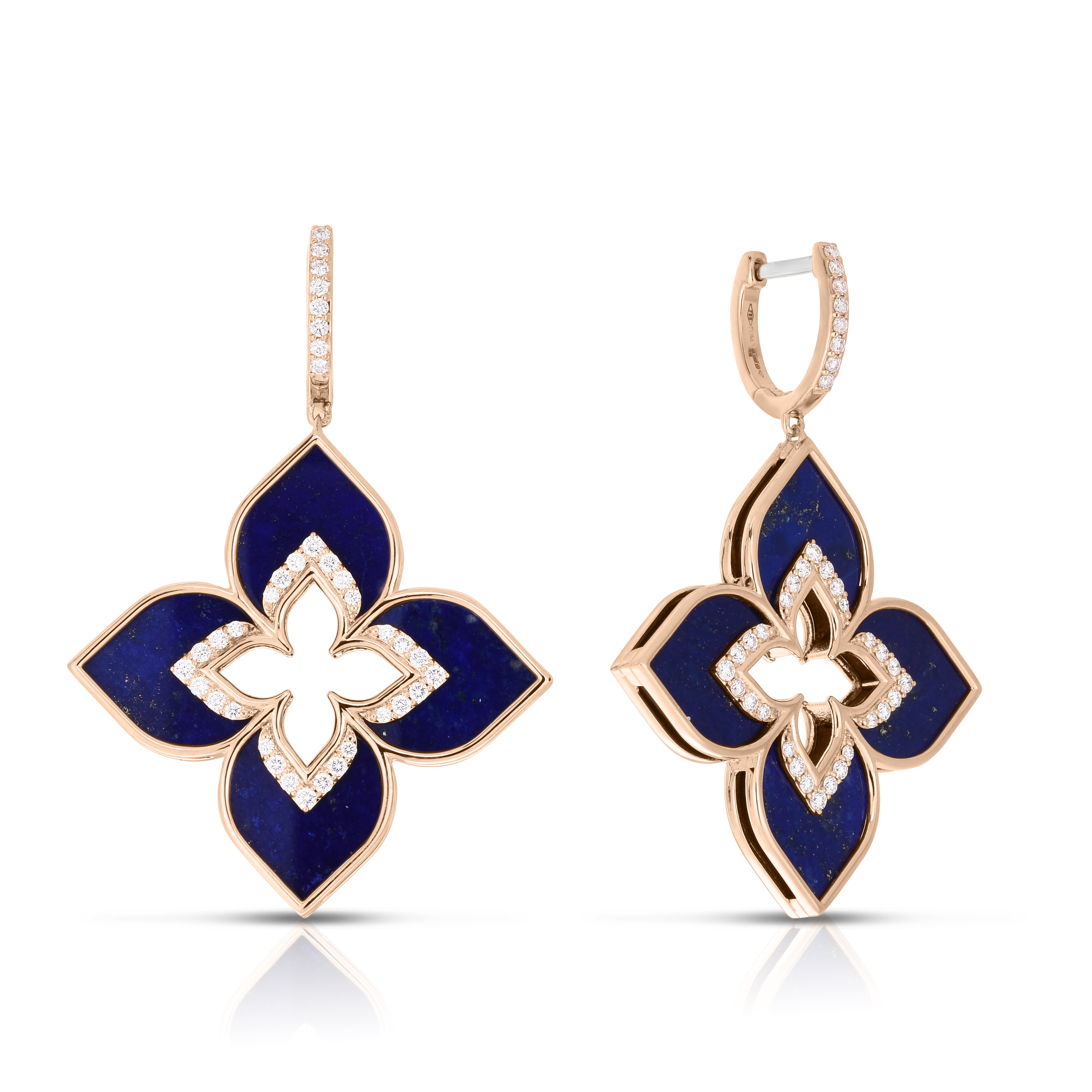 18k Rose Gold Venetian Princess Large Diamond & Lapis Cut Out Flower Drop Earrings