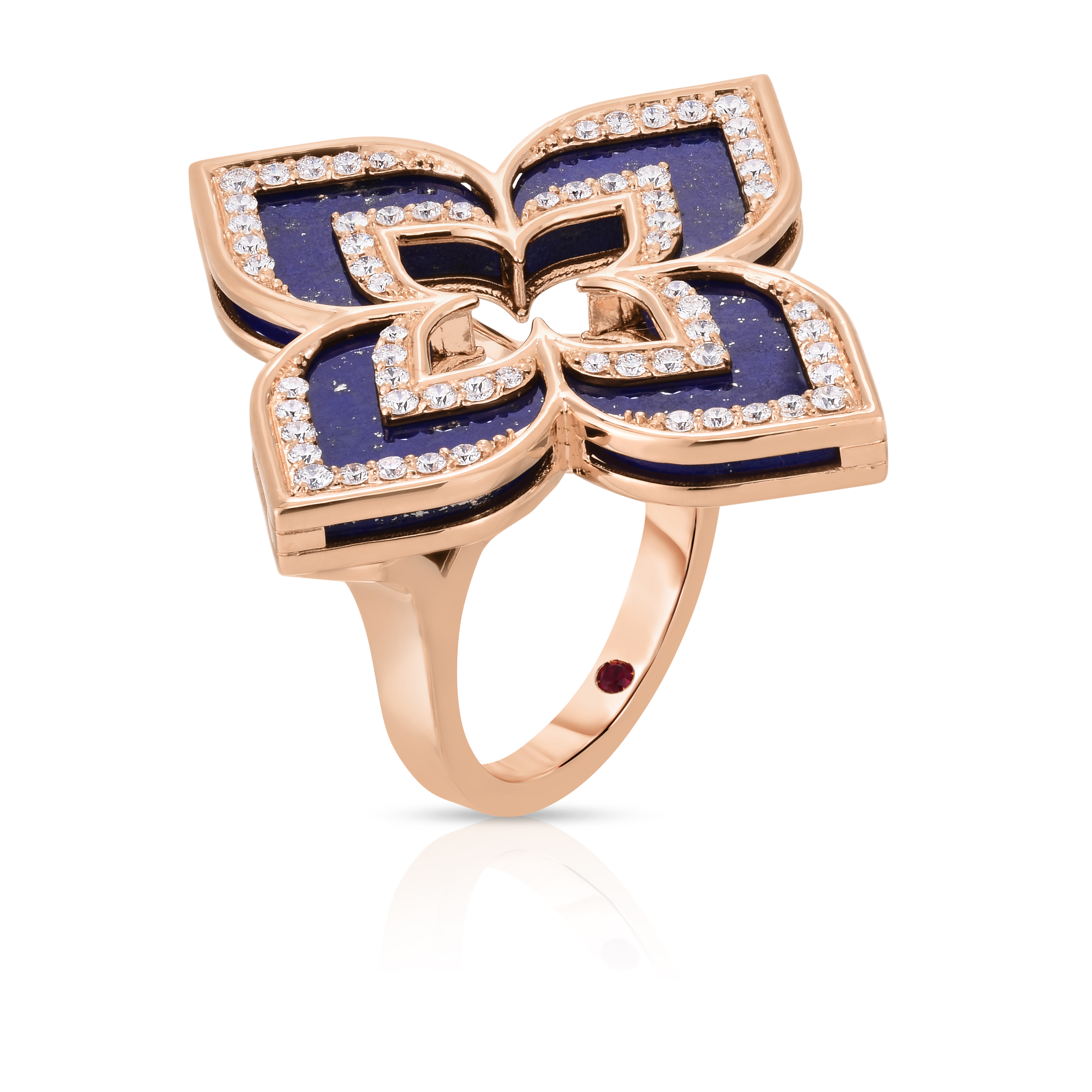 18k Rose Gold Venetian Princess Large Diamond & Lapis Cut Out Flower Ring