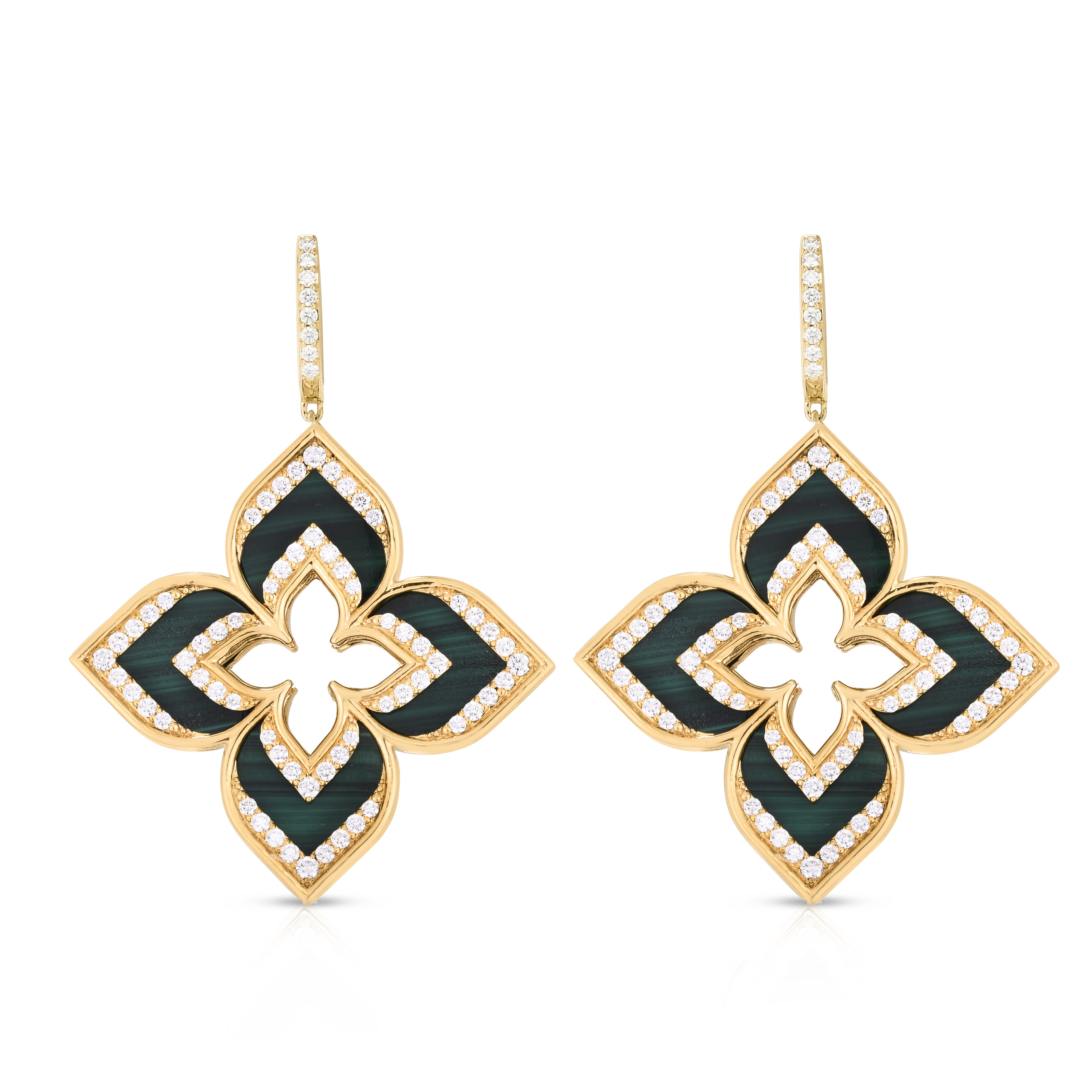 18k Yellow Gold Venetian Princess Large Diamond & Malachite Flower Earrings