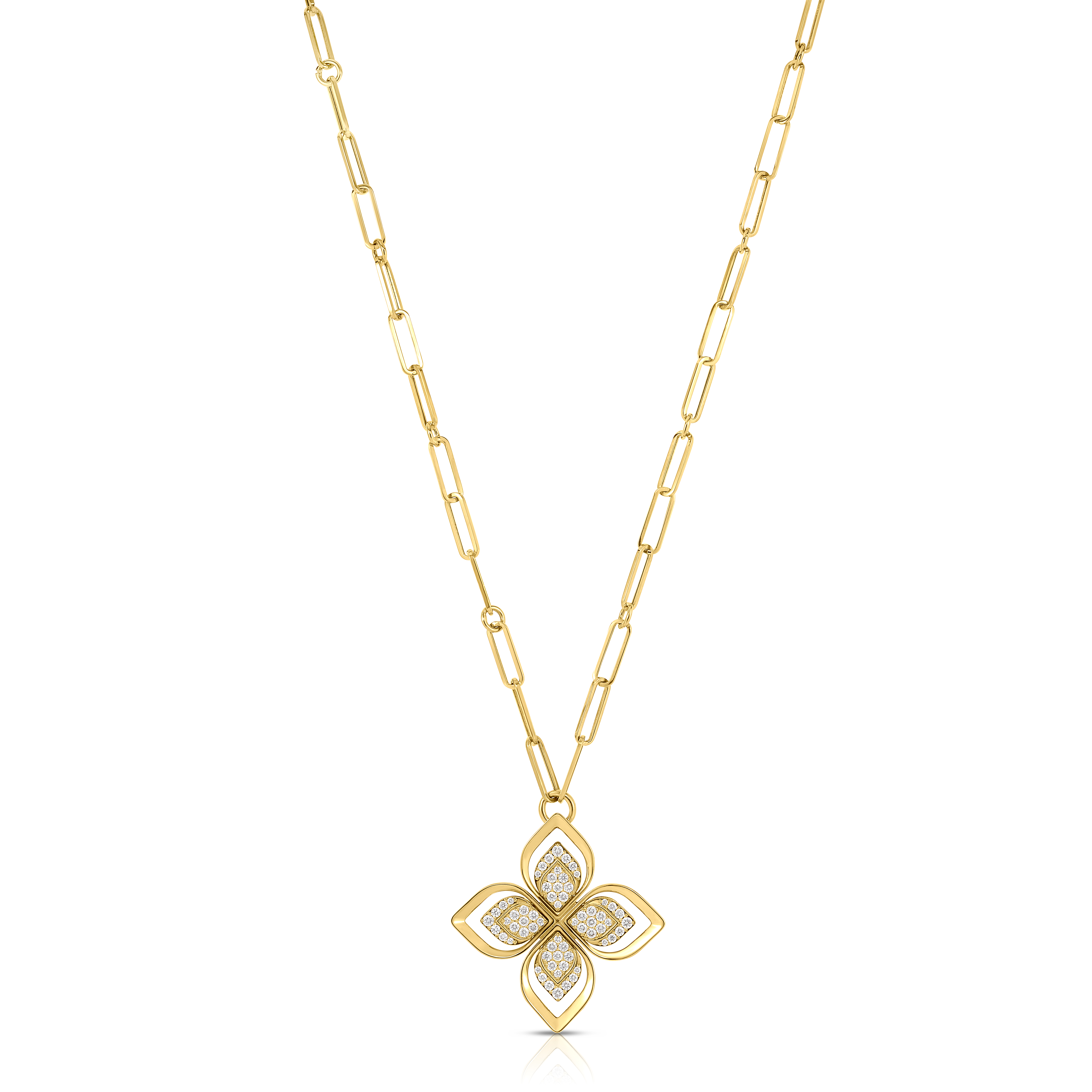 18k Yellow Gold Venetian Princess Pave Open Frame Diamond Flower Long Necklace