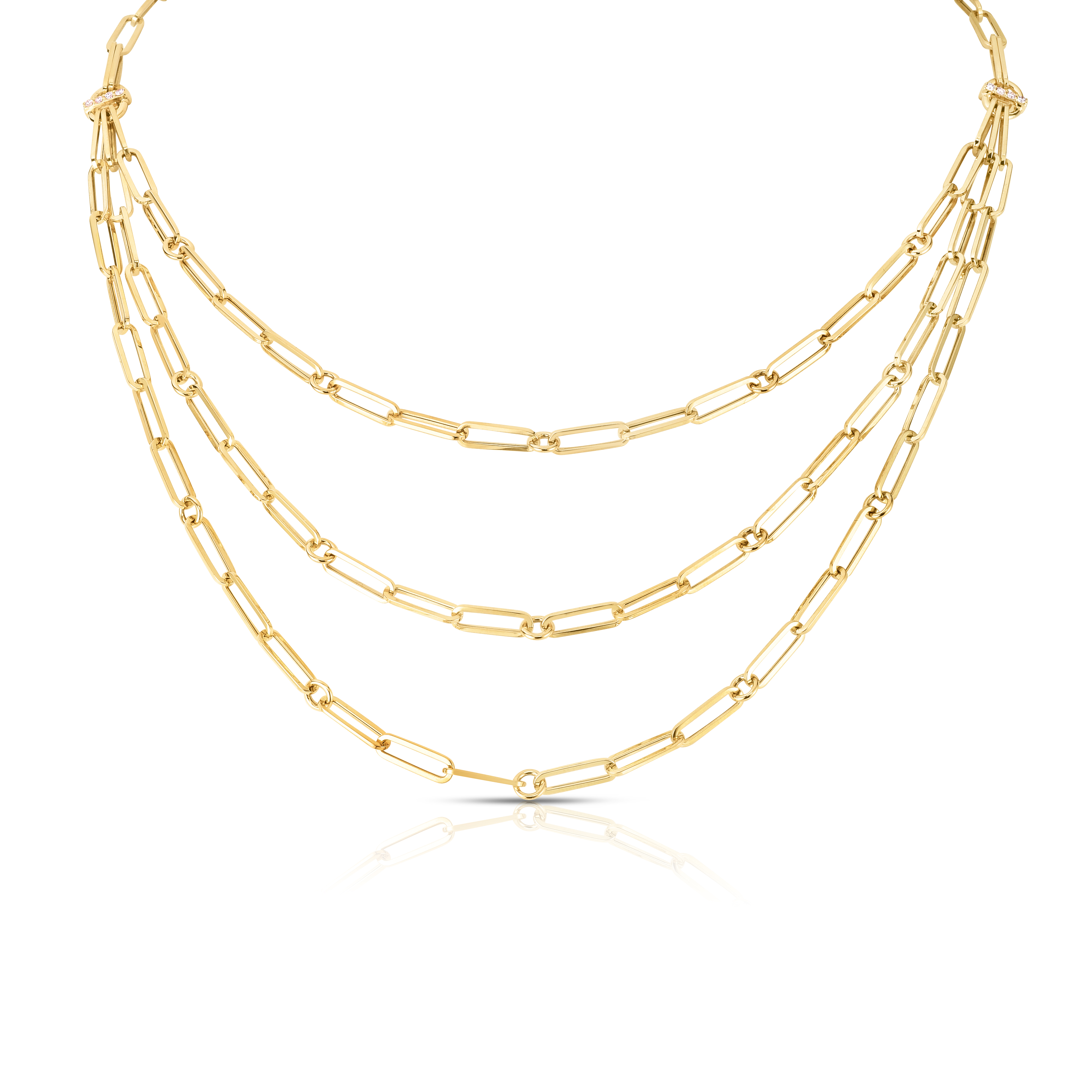 18k Yellow Designer Gold Triple Strand Paperclip & Diamond Accent Necklace
