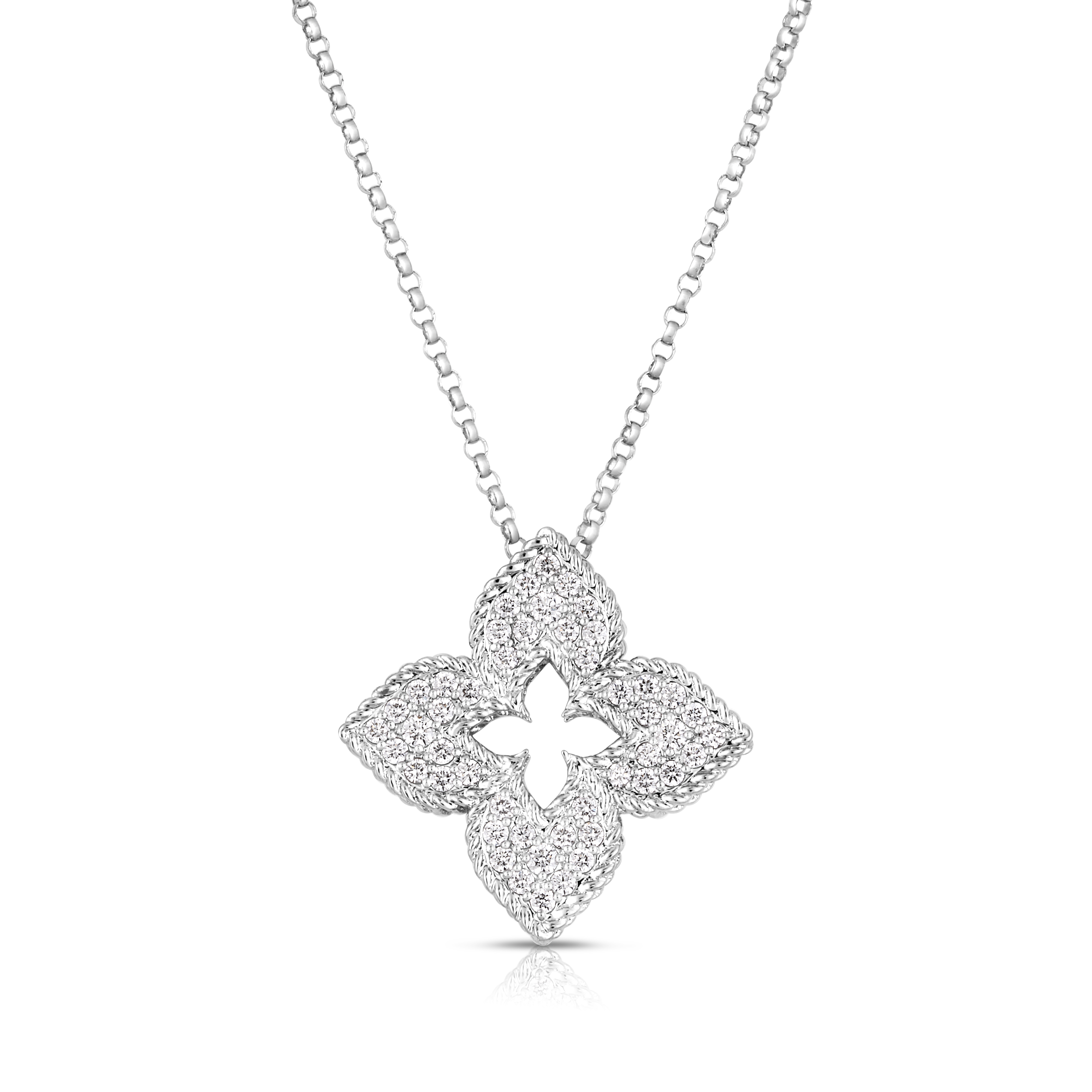 18k White Gold Venetian Princess Medium Pave Diamond Flower Necklace