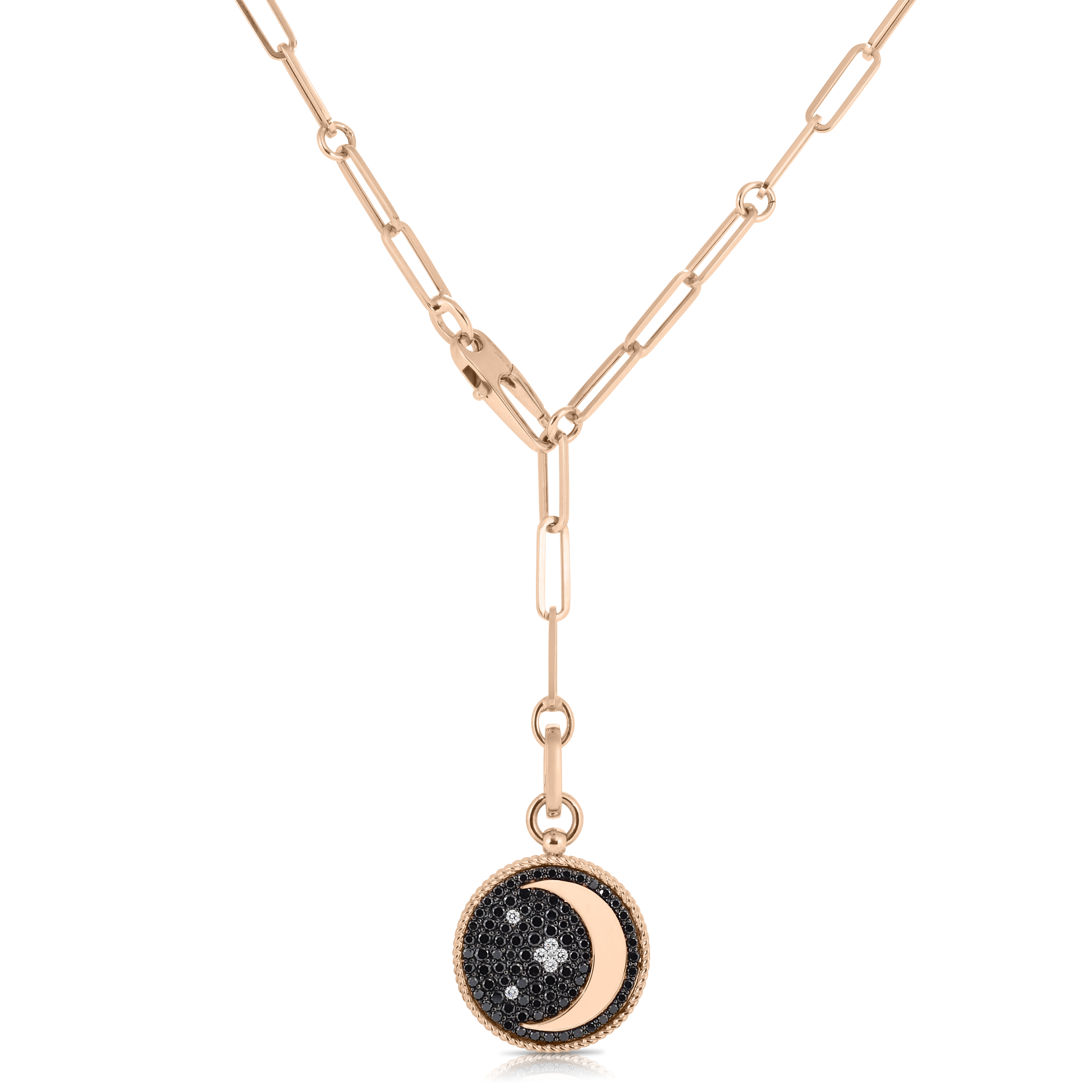 18k Rose Gold Venetian Princess Black & White Diamond Half Moon Medallion Necklace