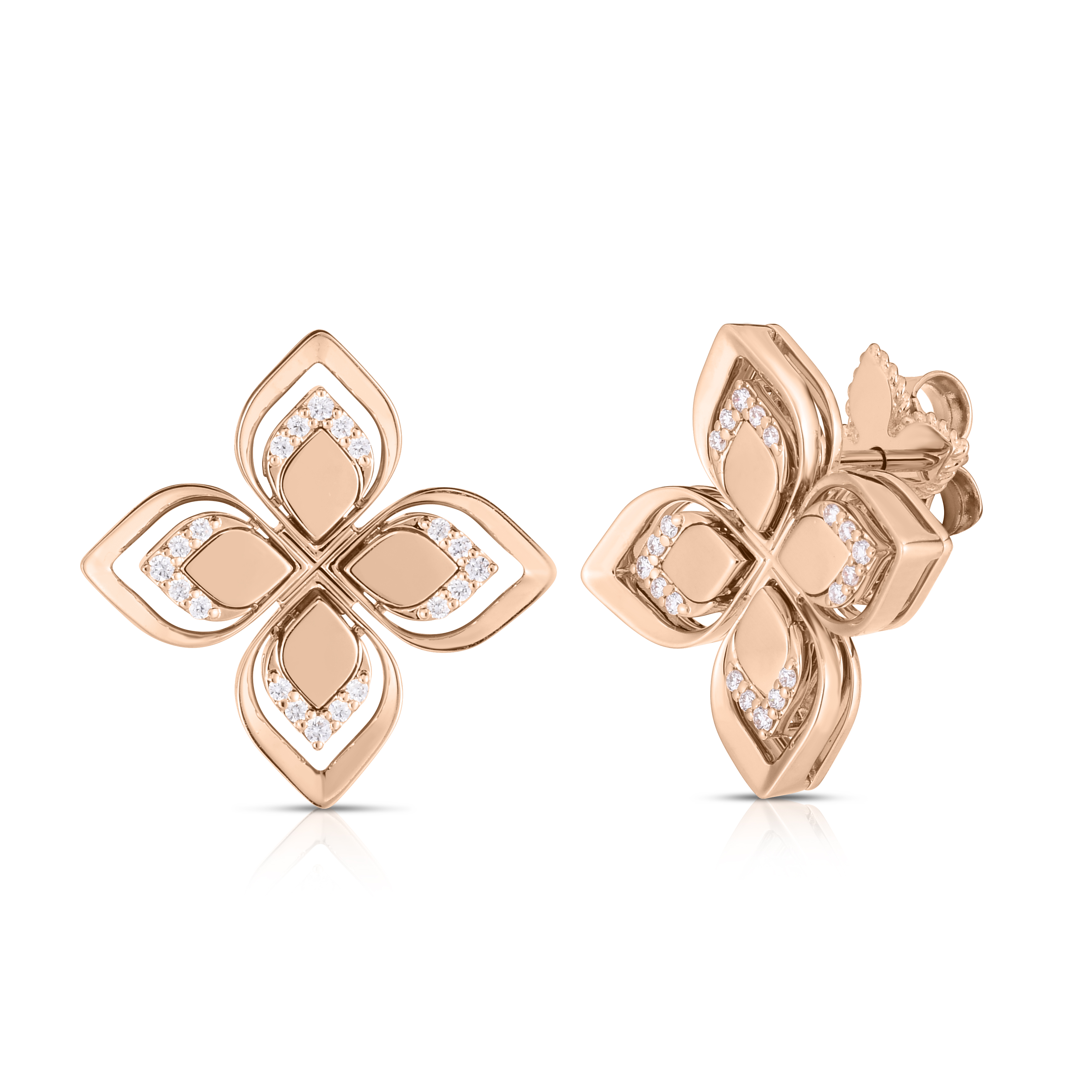 18k Rose Gold Venetian Princess Open Frame Diamond Flower Stud Earrings