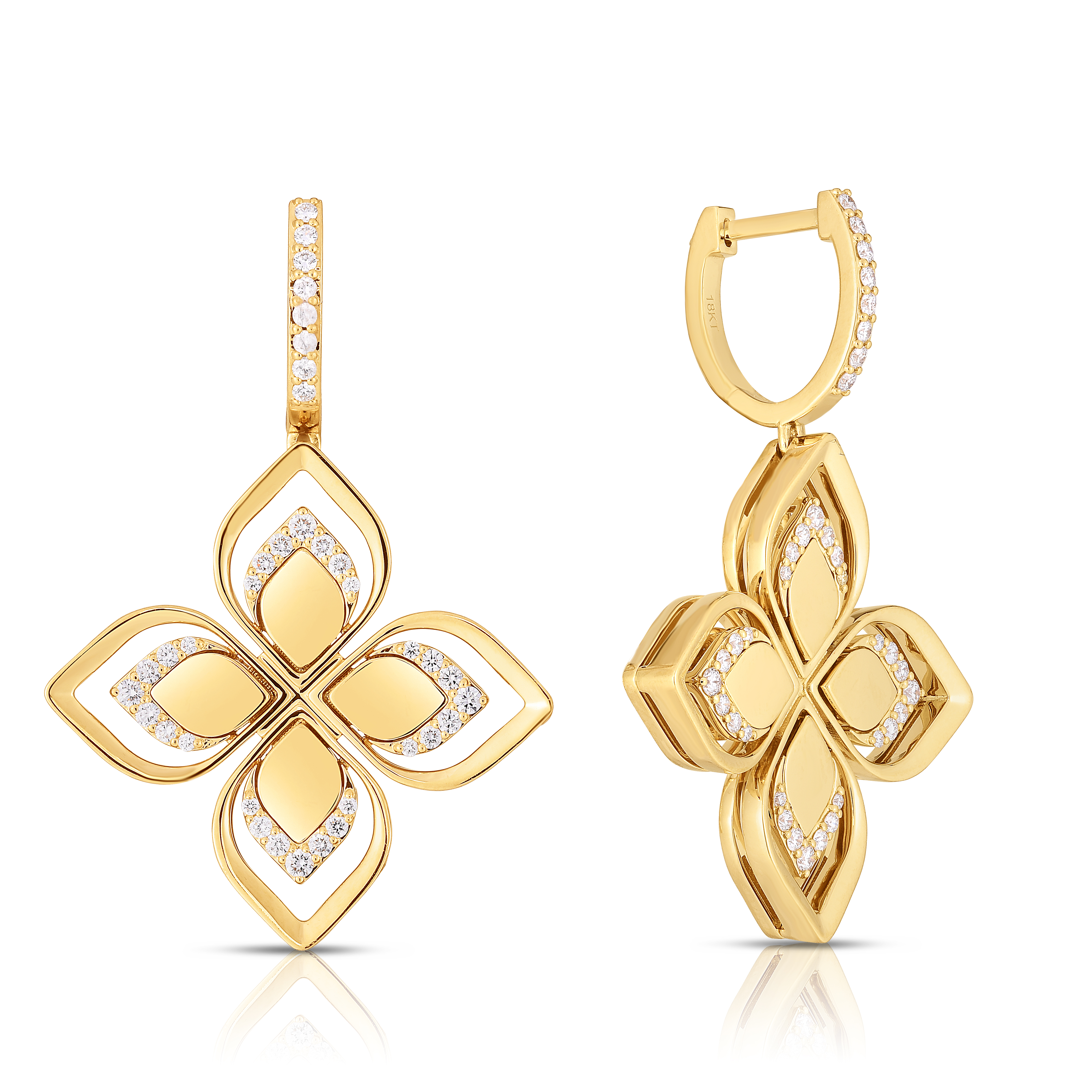 18k Yellow Gold Venetian Princess Open Frame Diamond Flower Earrings
