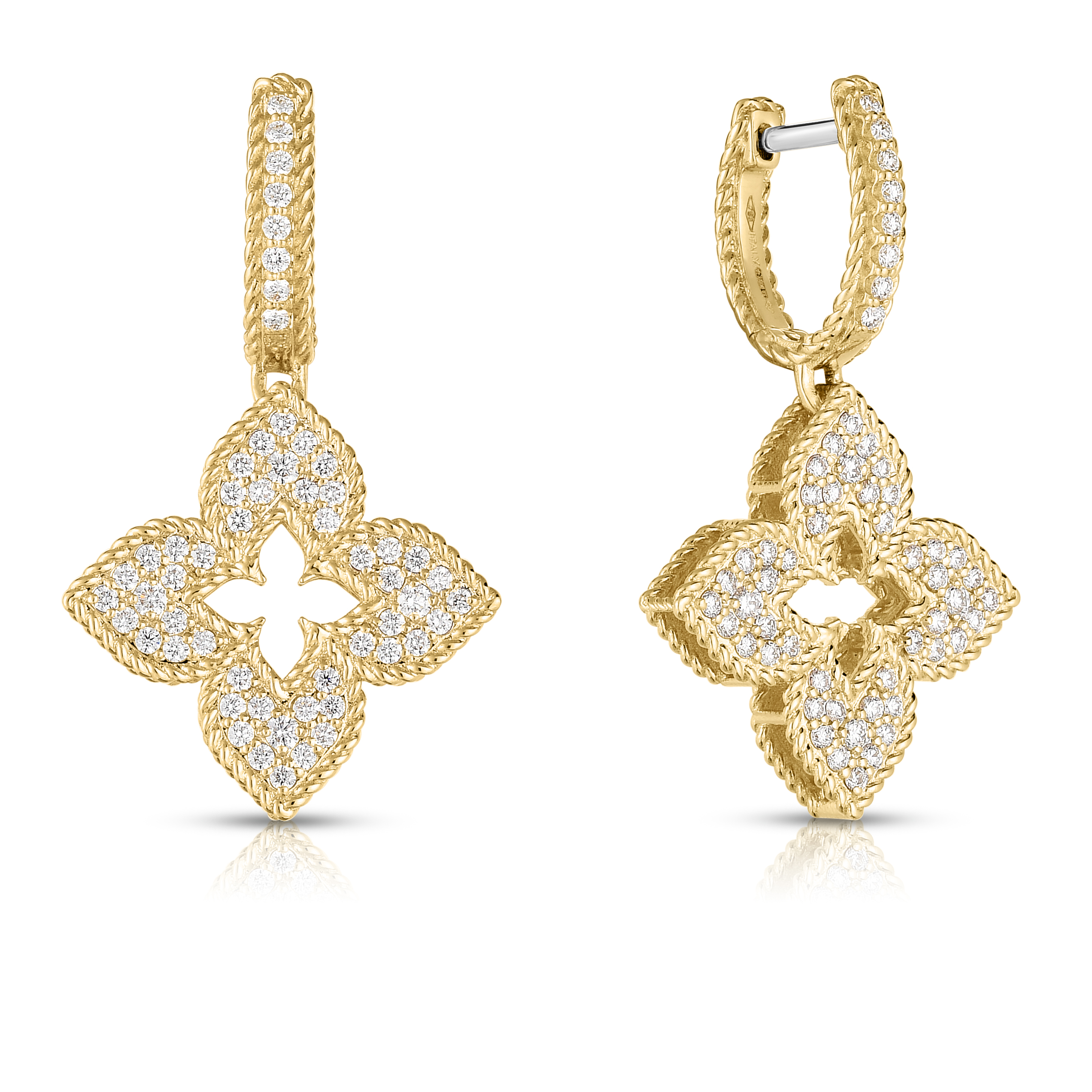 18k Yellow Gold Venetian Princess Medium Pave Flower Drop Earrings