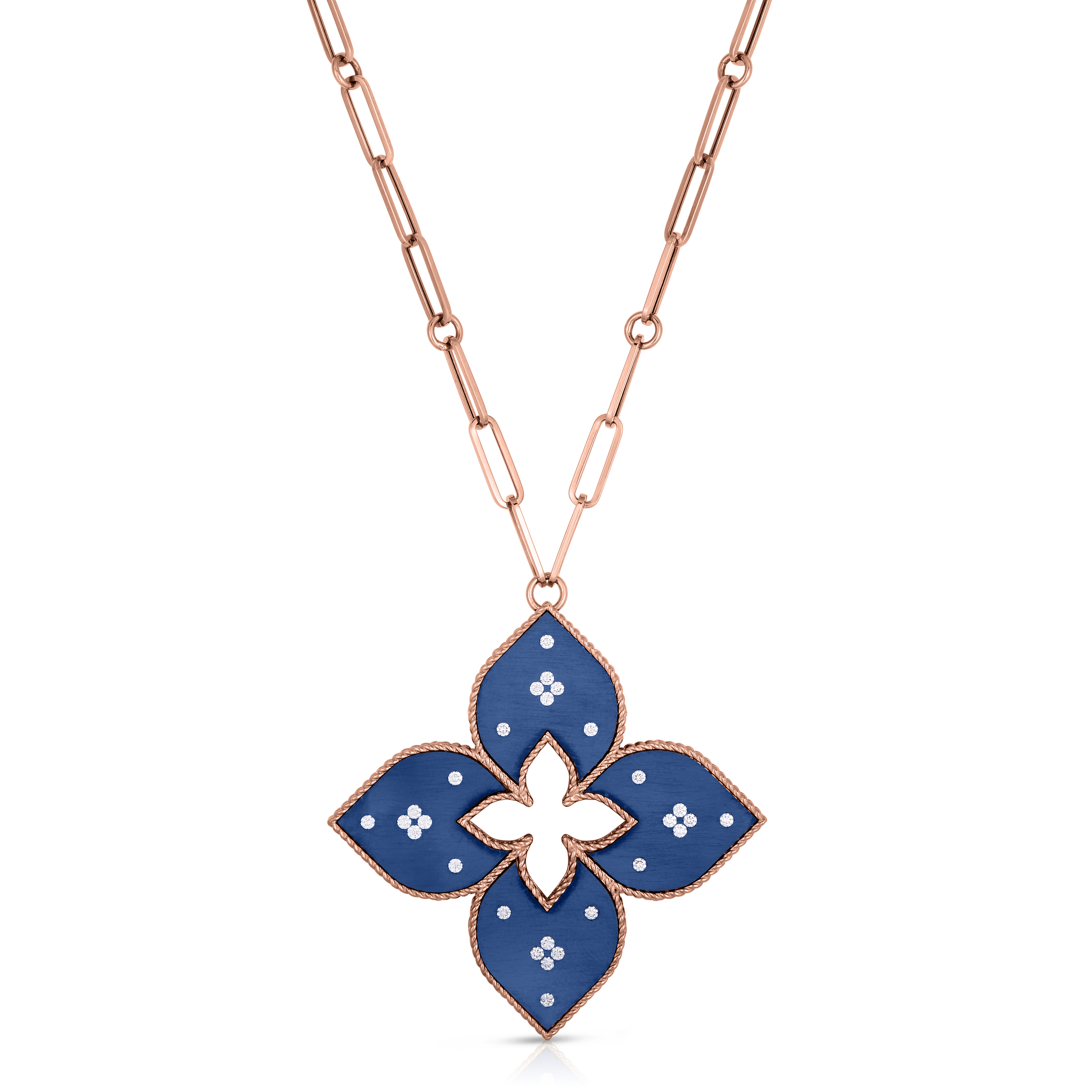 18k Rose Gold Venetian Princess Large Diamond & Blue Titanium Flower Long Necklace