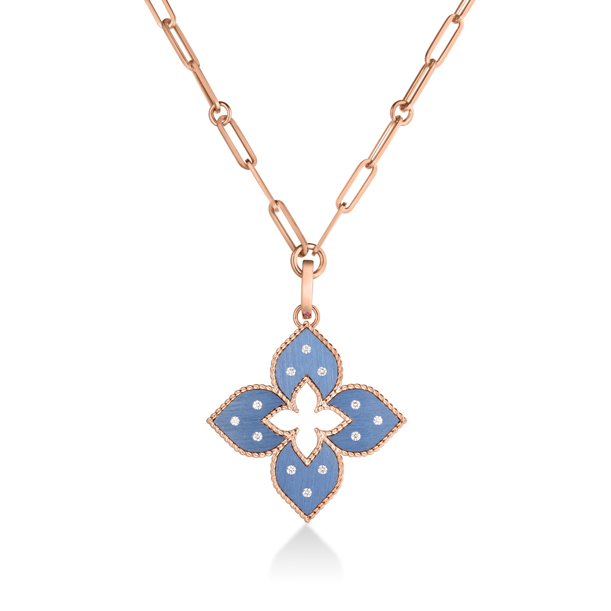 18k Rose Gold Venetian Princess Medium Diamond & Blue Titanium Flower Long Necklace