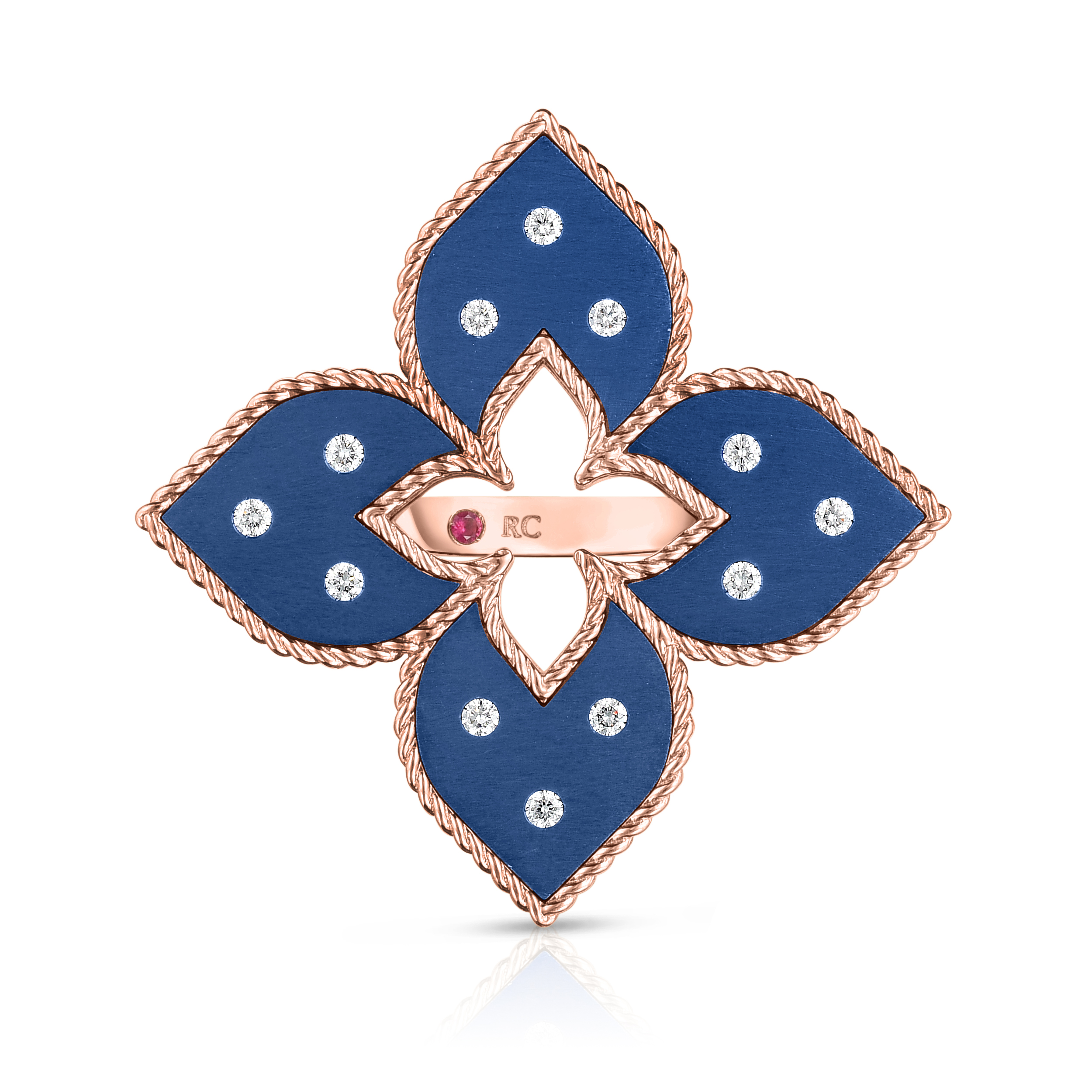 18k Rose Gold Venetian Princess Medium Diamond & Blue Titanium Flower Ring