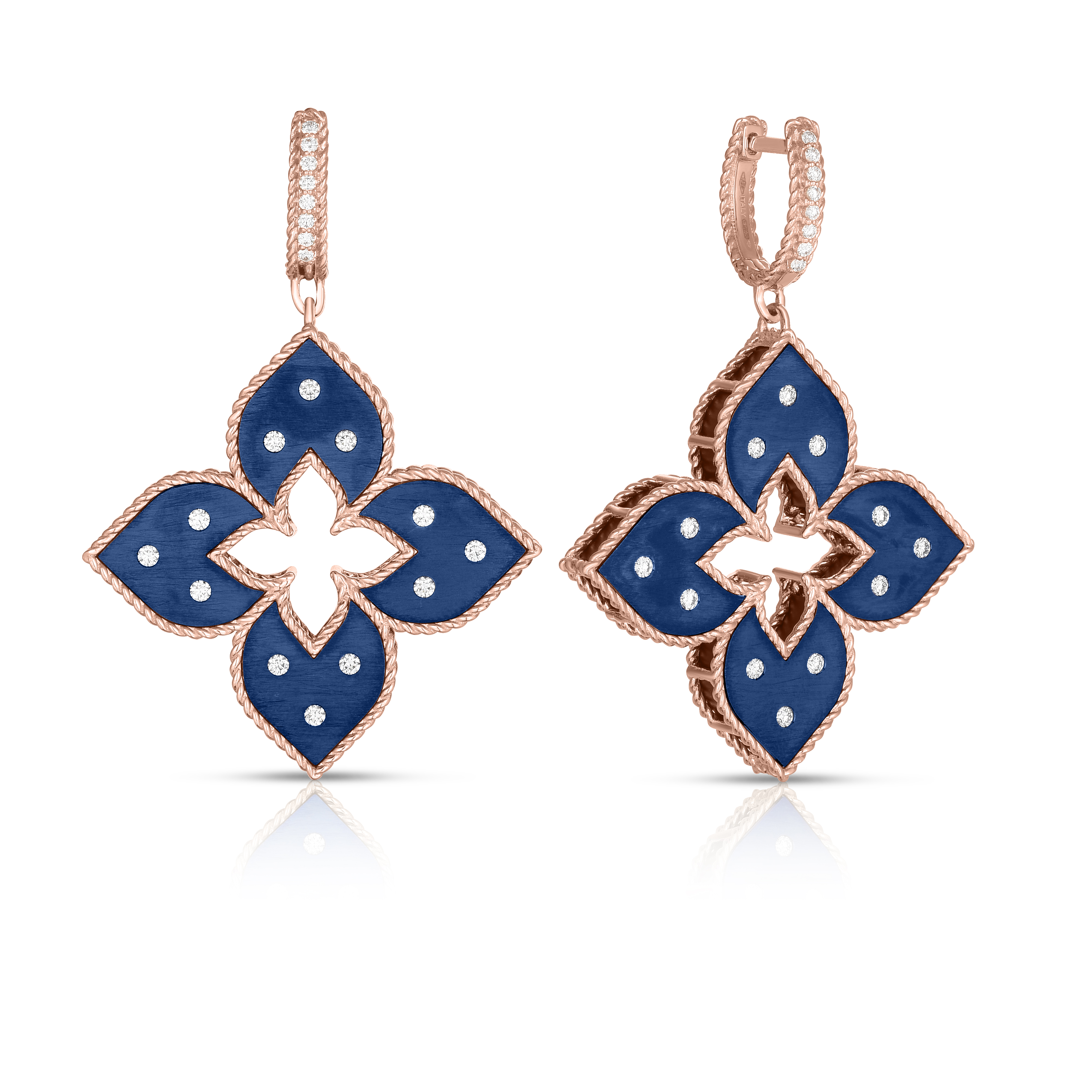 18k Rose Gold Venetian Princess Medium Diamond & Blue Titanium Flower Earrings
