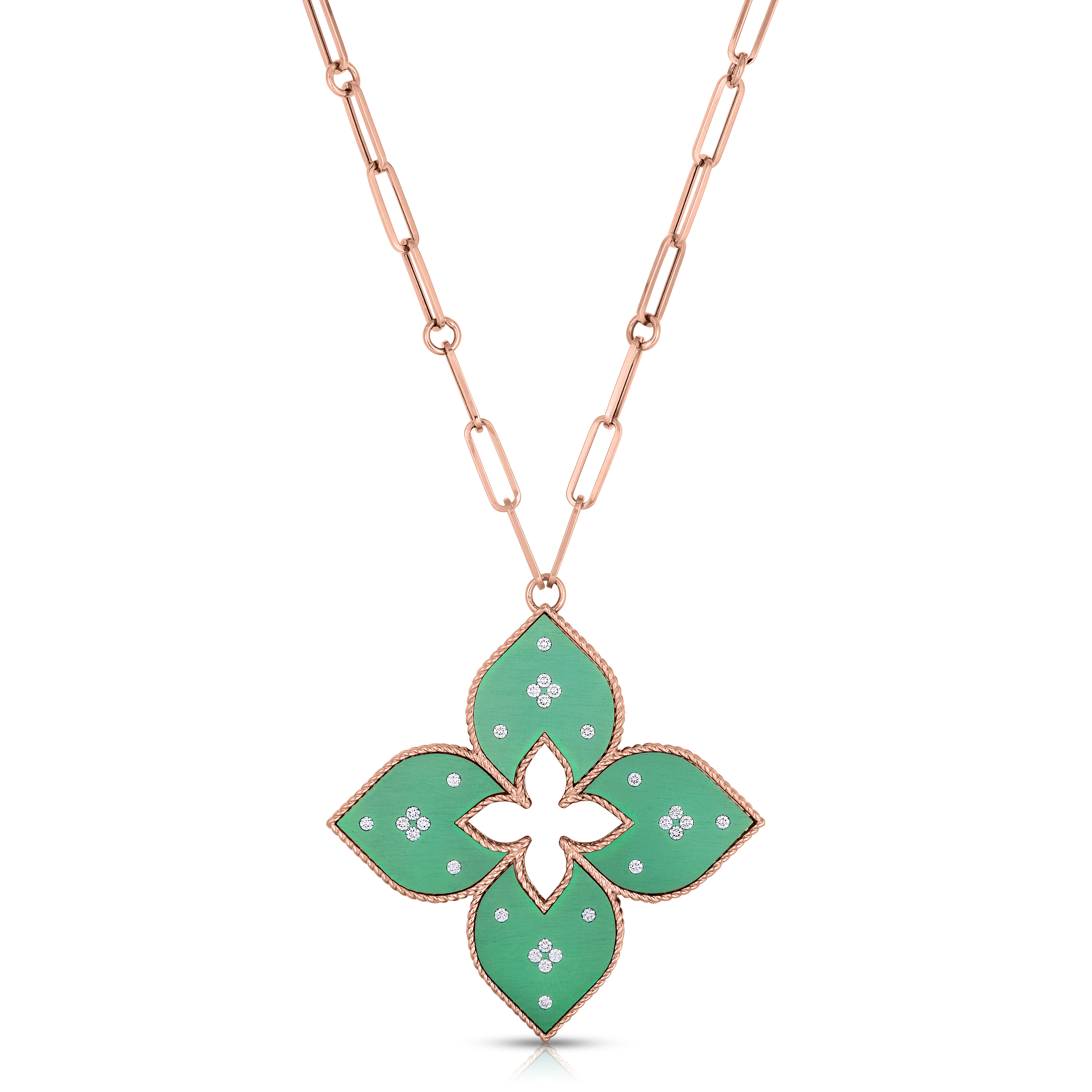 18k Rose Gold Venetian Princess Large Diamond & Green Titanium Flower Long Necklace