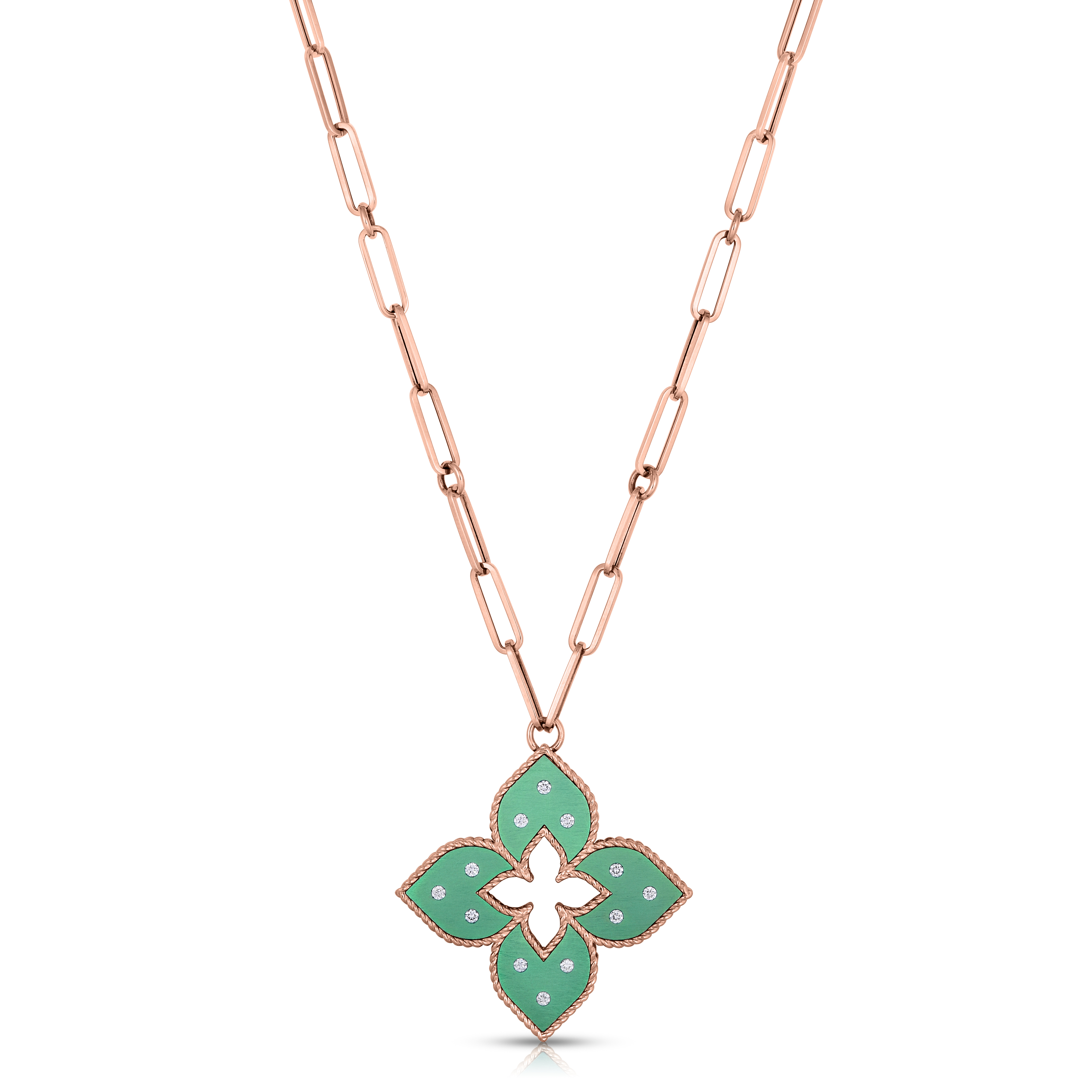 18k Rose Gold Venetian Princess Medium Diamond & Green Titanium Flower Long Necklace