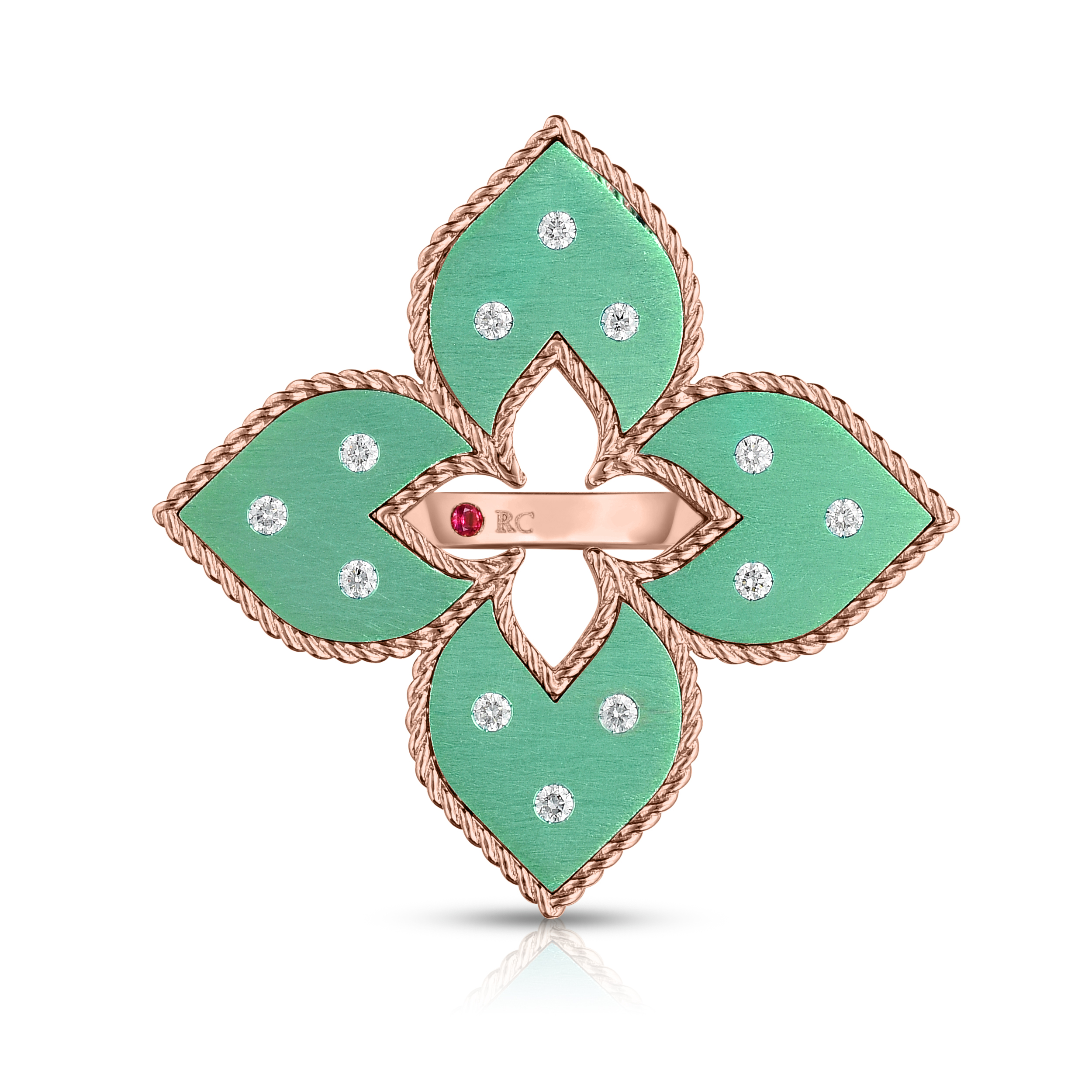 18k Rose Gold Venetian Princess Medium Diamond & Green Titanium Flower Ring