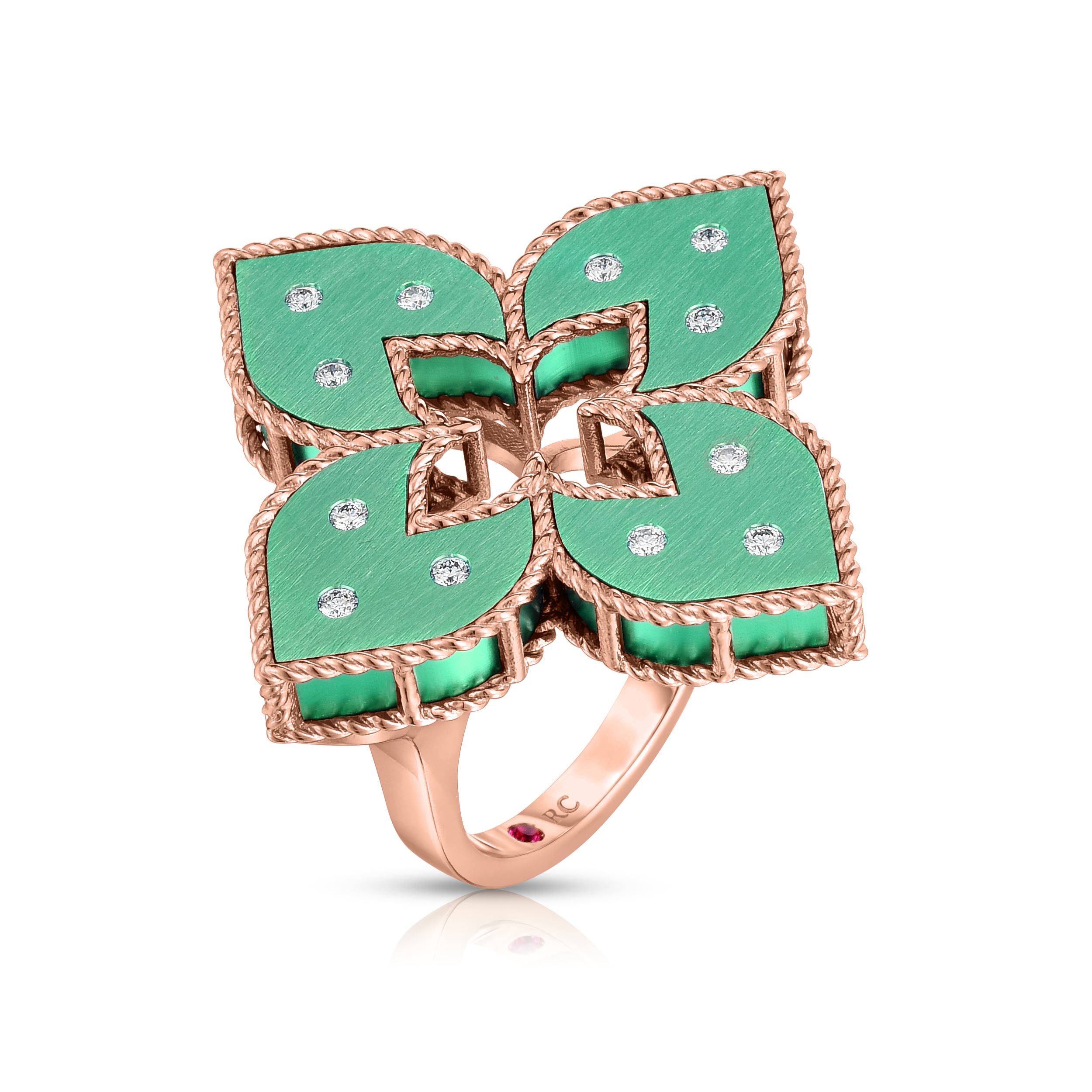 18k Rose Gold Venetian Princess Medium Diamond & Green Titanium Flower Ring