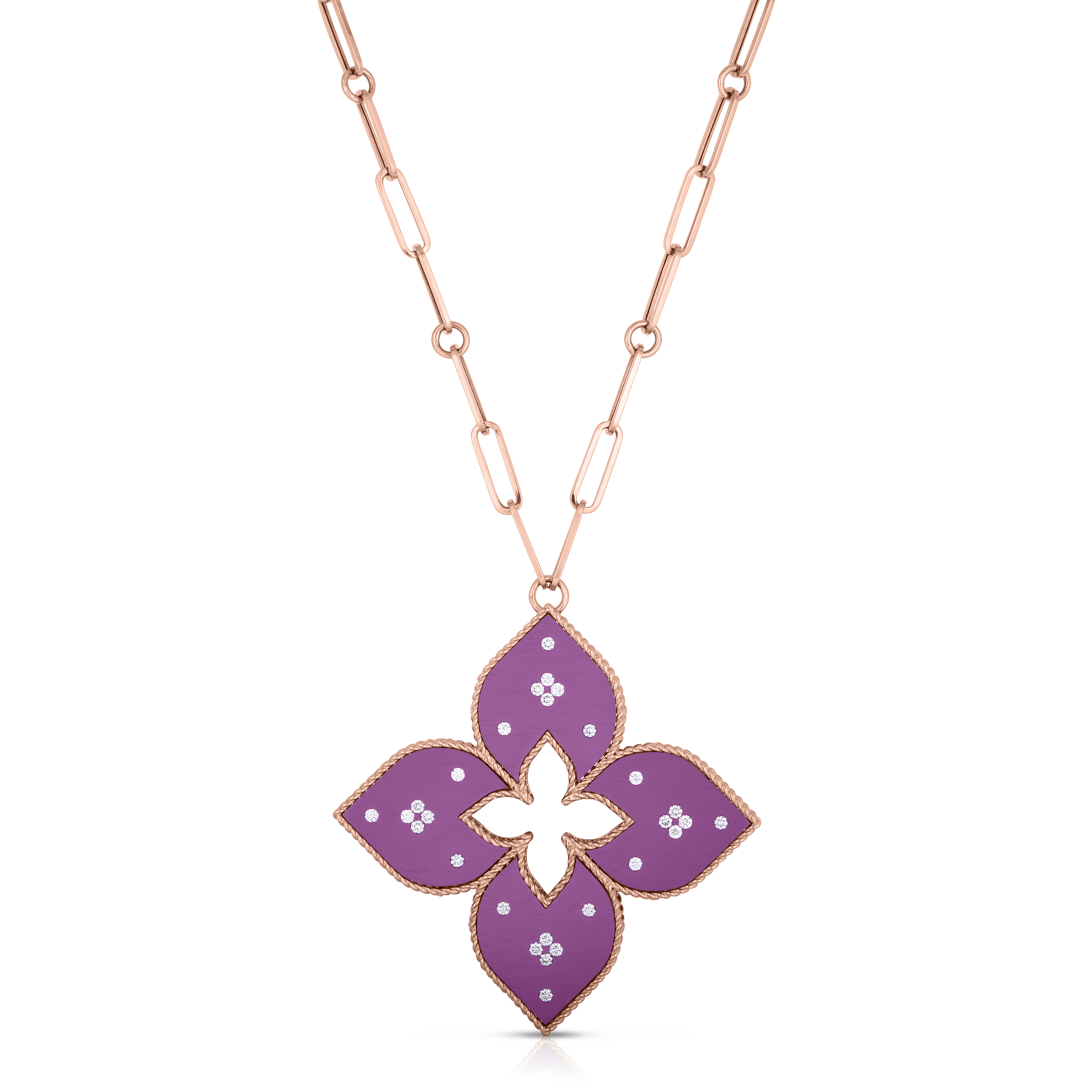 18k Rose Gold Venetian Princess Large Diamond & Purple Titanium Flower Long Necklace