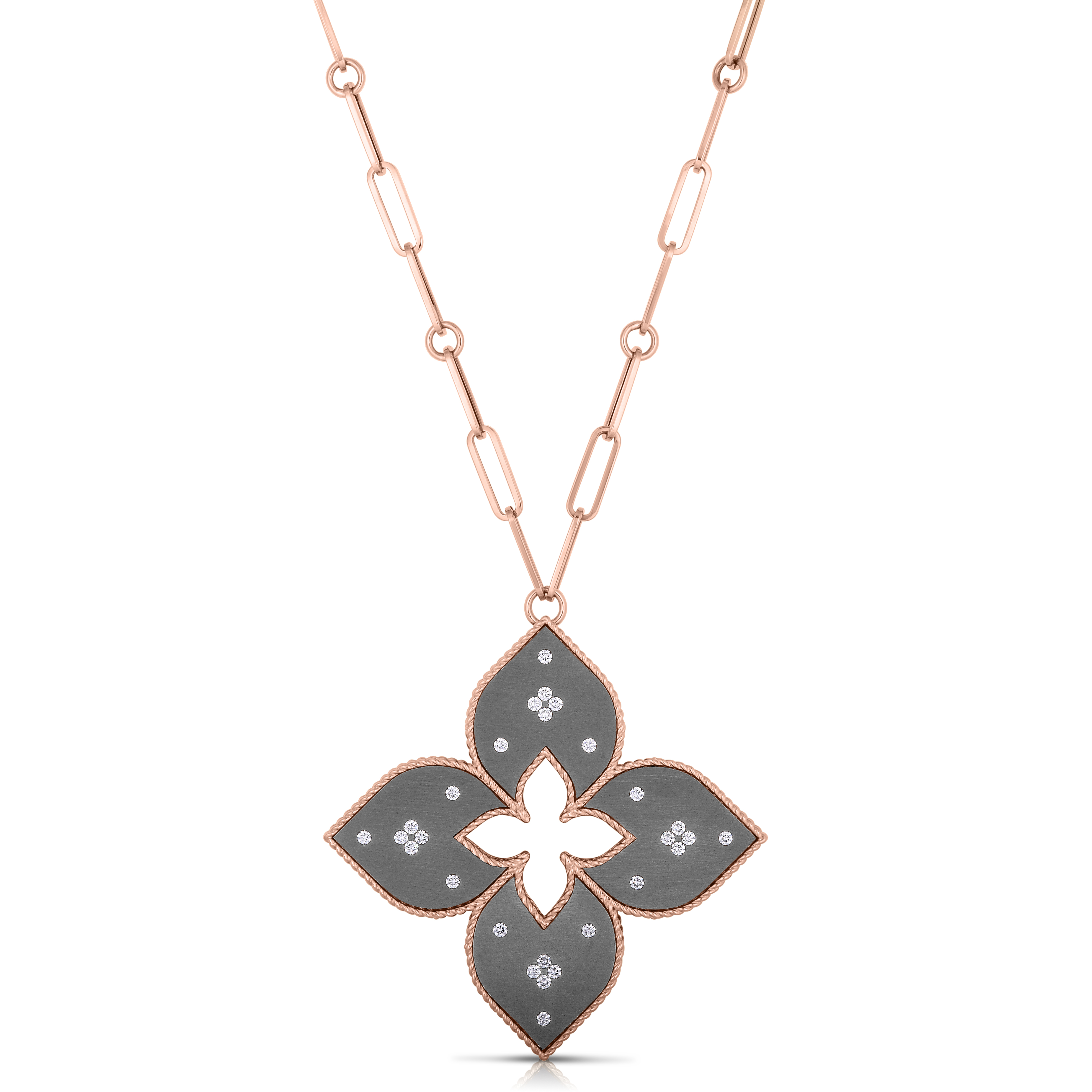 18k Rose Gold Venetian Princess Large Diamond & Gray Titanium Flower Long Necklace