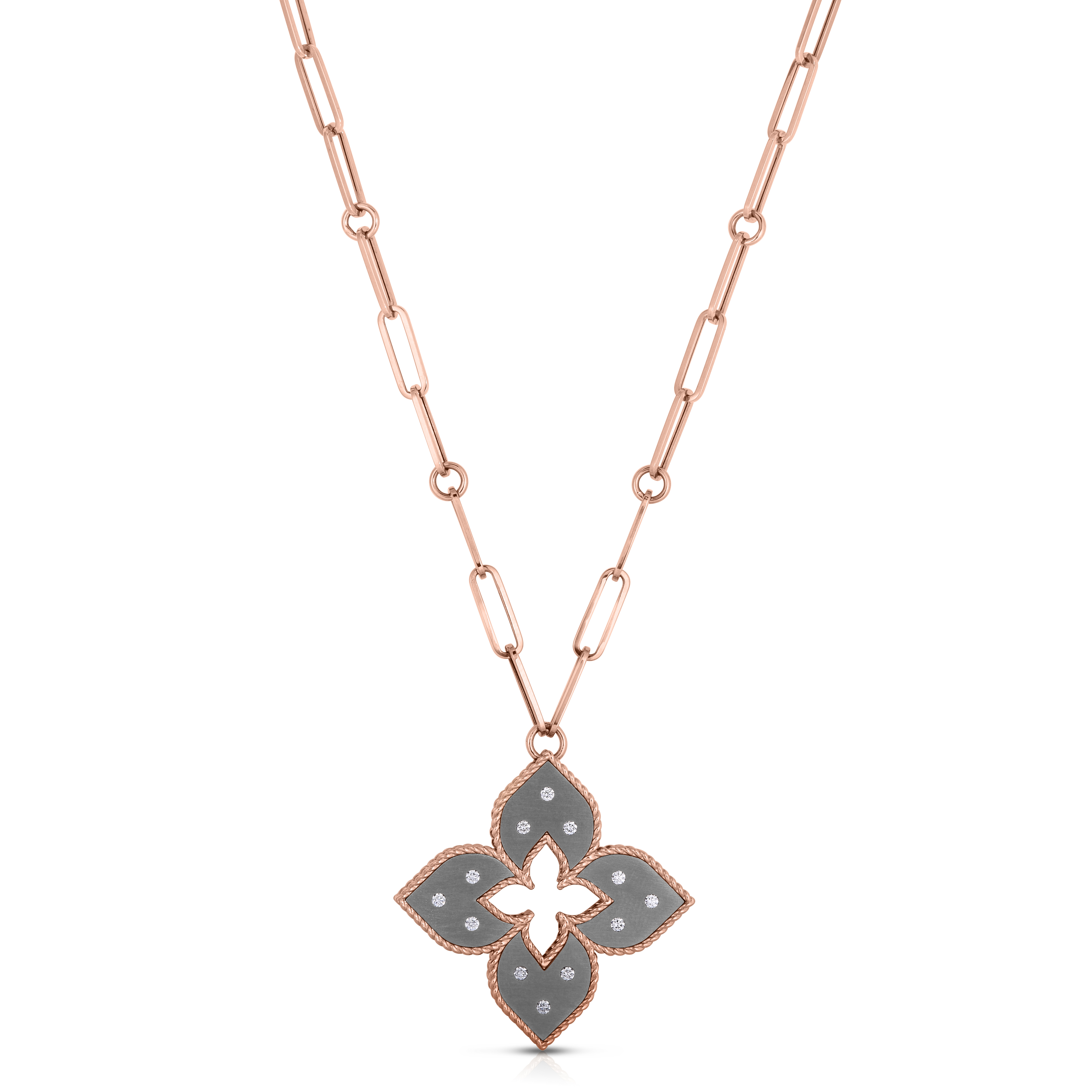 18k Rose Gold Venetian Princess Medium Diamond & Gray Titanium Flower Long Necklace