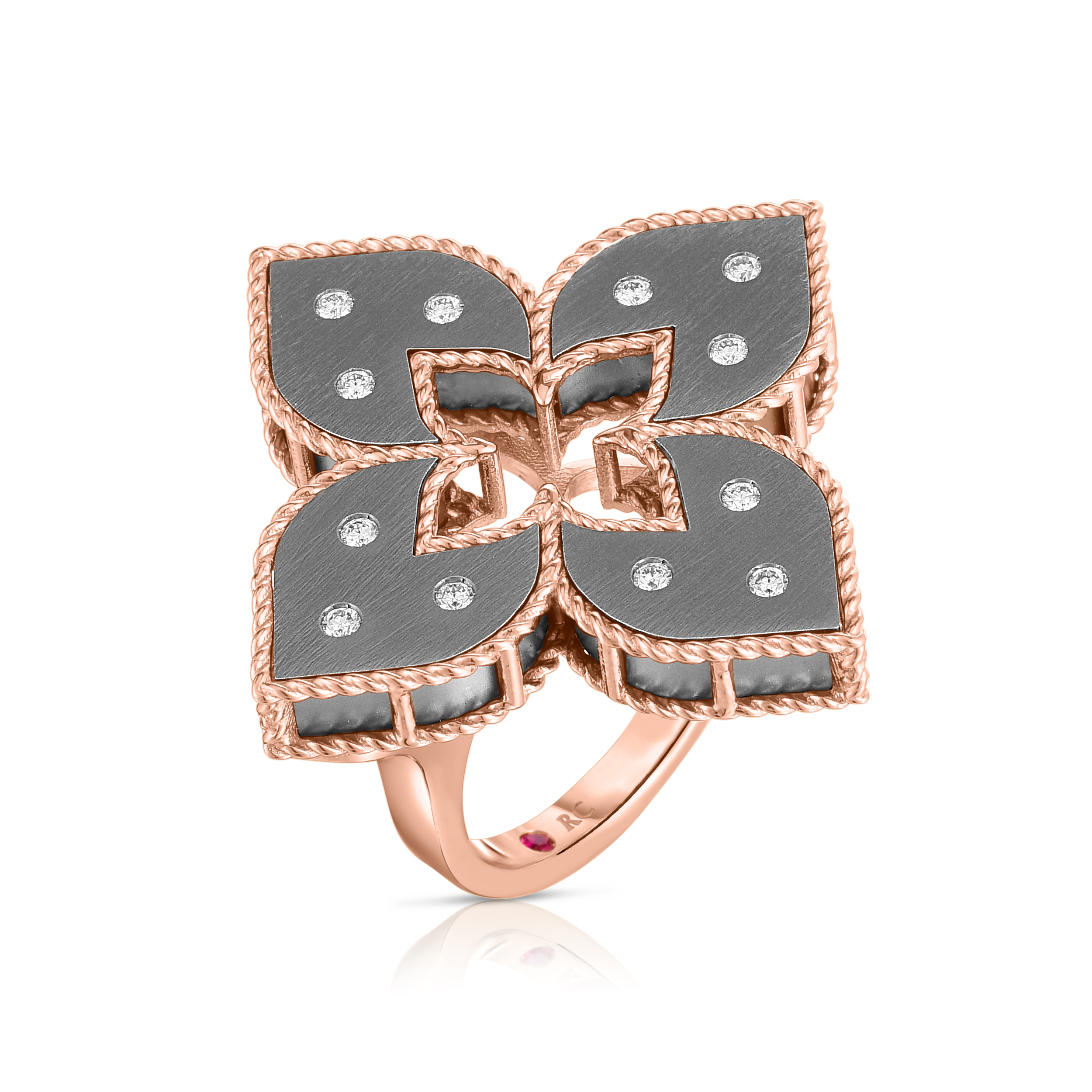 18k Rose Gold Venetian Princess Medium Diamond & Gray Titanium Flower Ring
