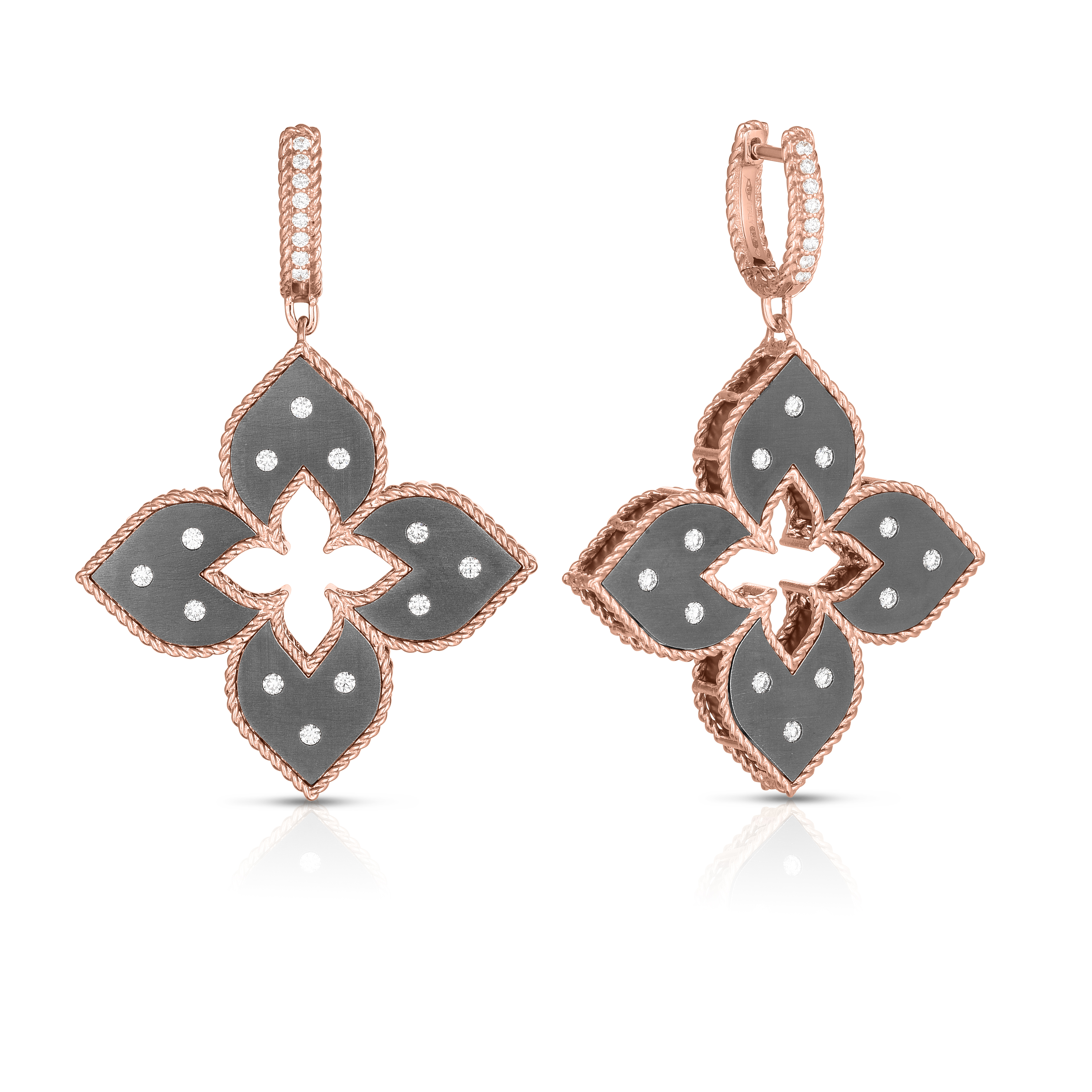 18k Rose Gold Venetian Princess Medium Diamond & Gray Titanium Flower Earrings