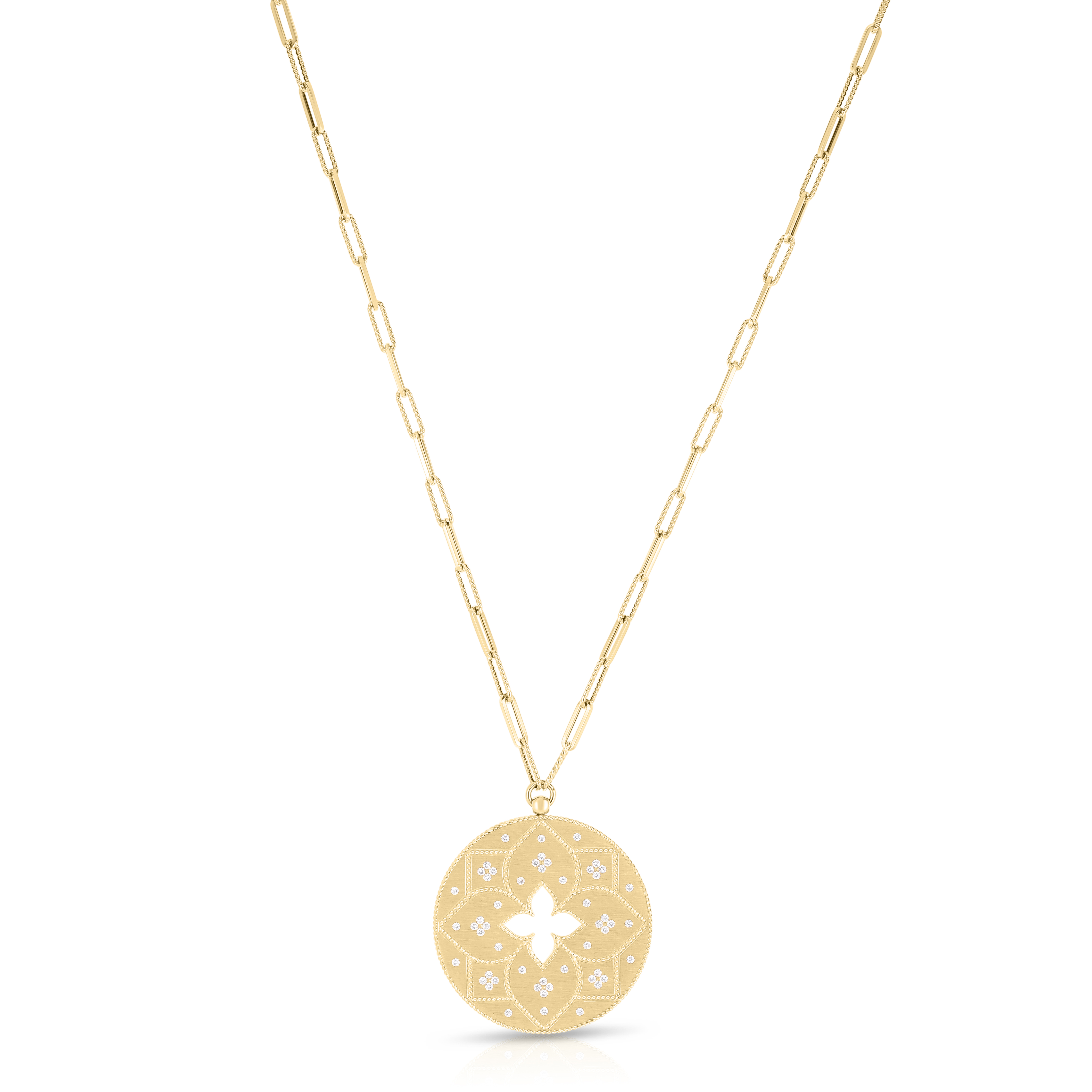 18k Yellow Gold Venetian Princess Diamond Etched Flower Medallion Long Necklace
