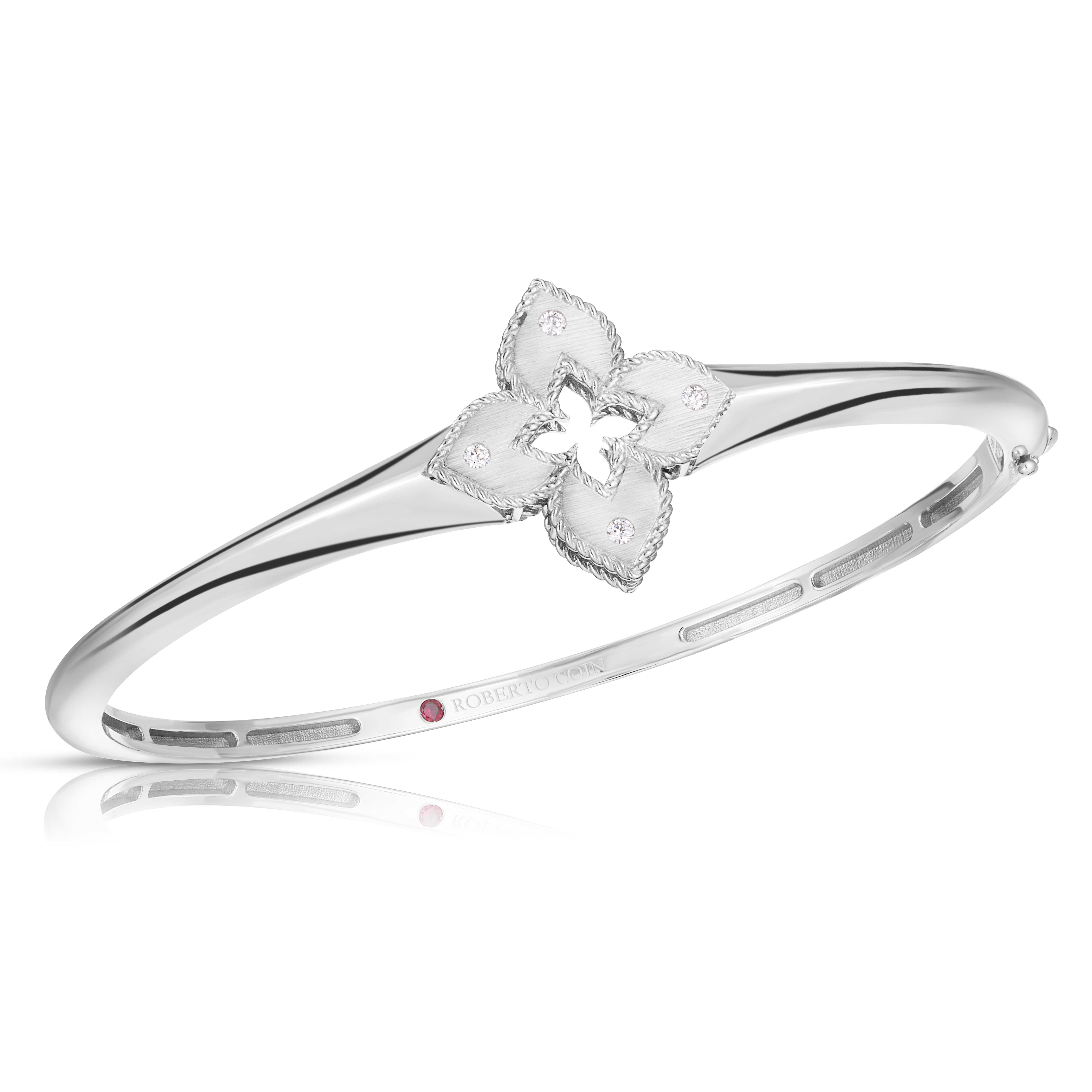 18k White Gold Venetian Princess Diamond Flower Knife Edge Bangle