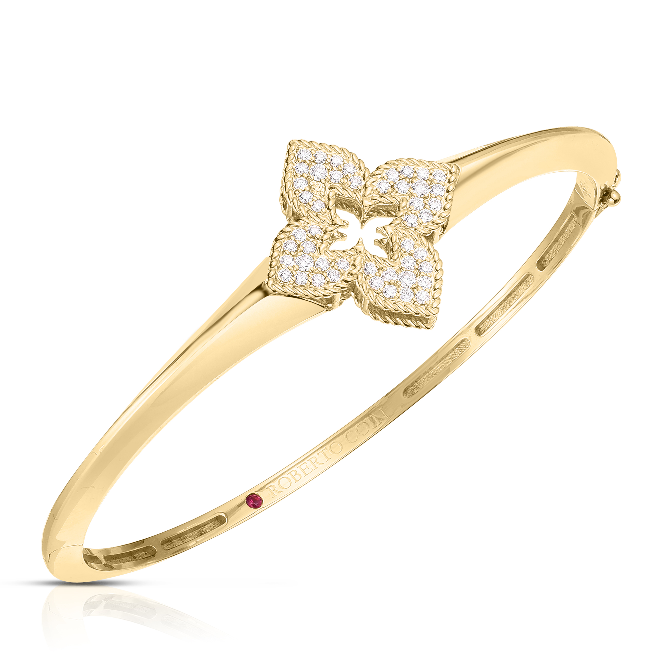 18k Yellow Gold Venetian Princess Pave Diamond Flower Knife Edge Bangle