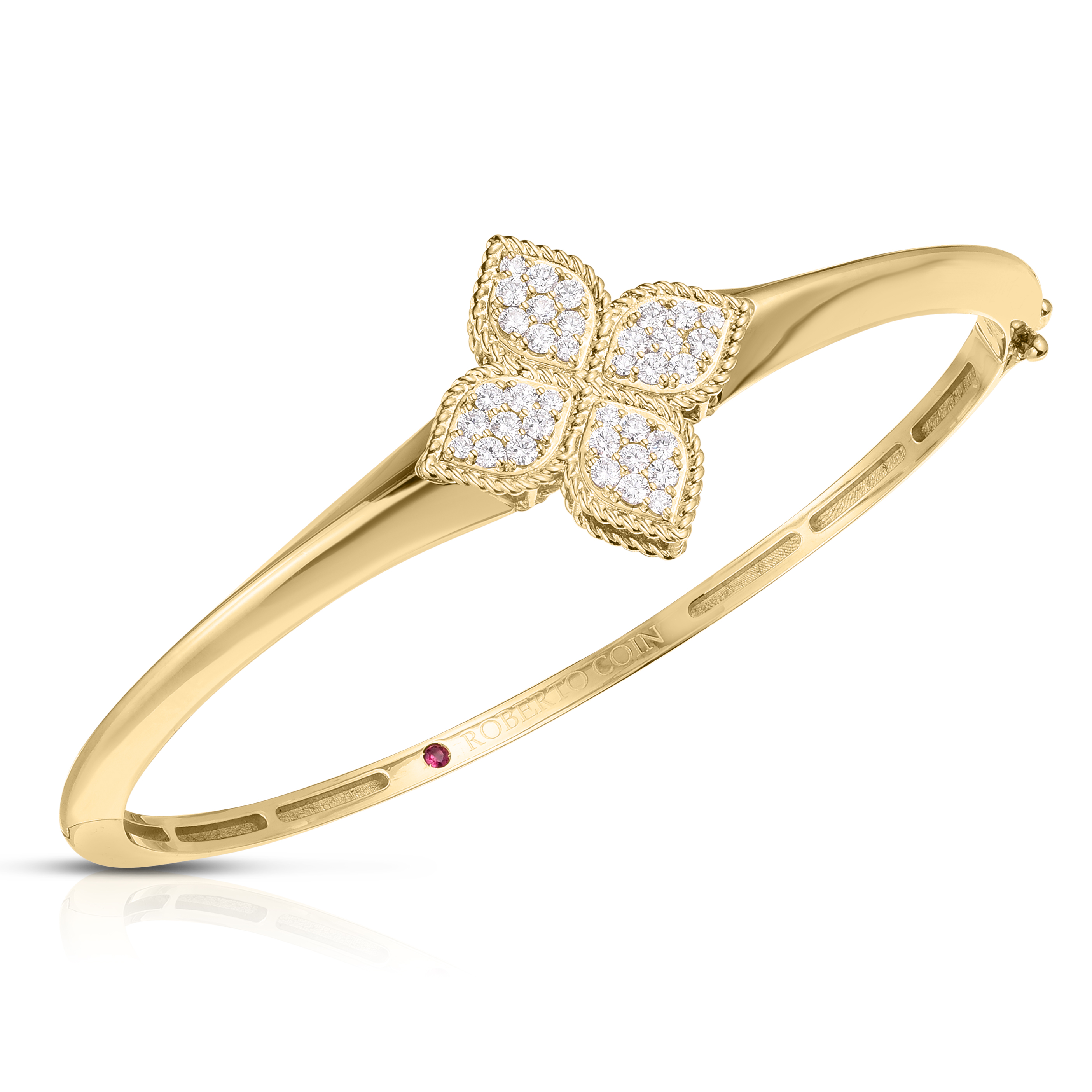 18k Yellow Gold Princess Flower Pave Diamond Knife Edge Bangle