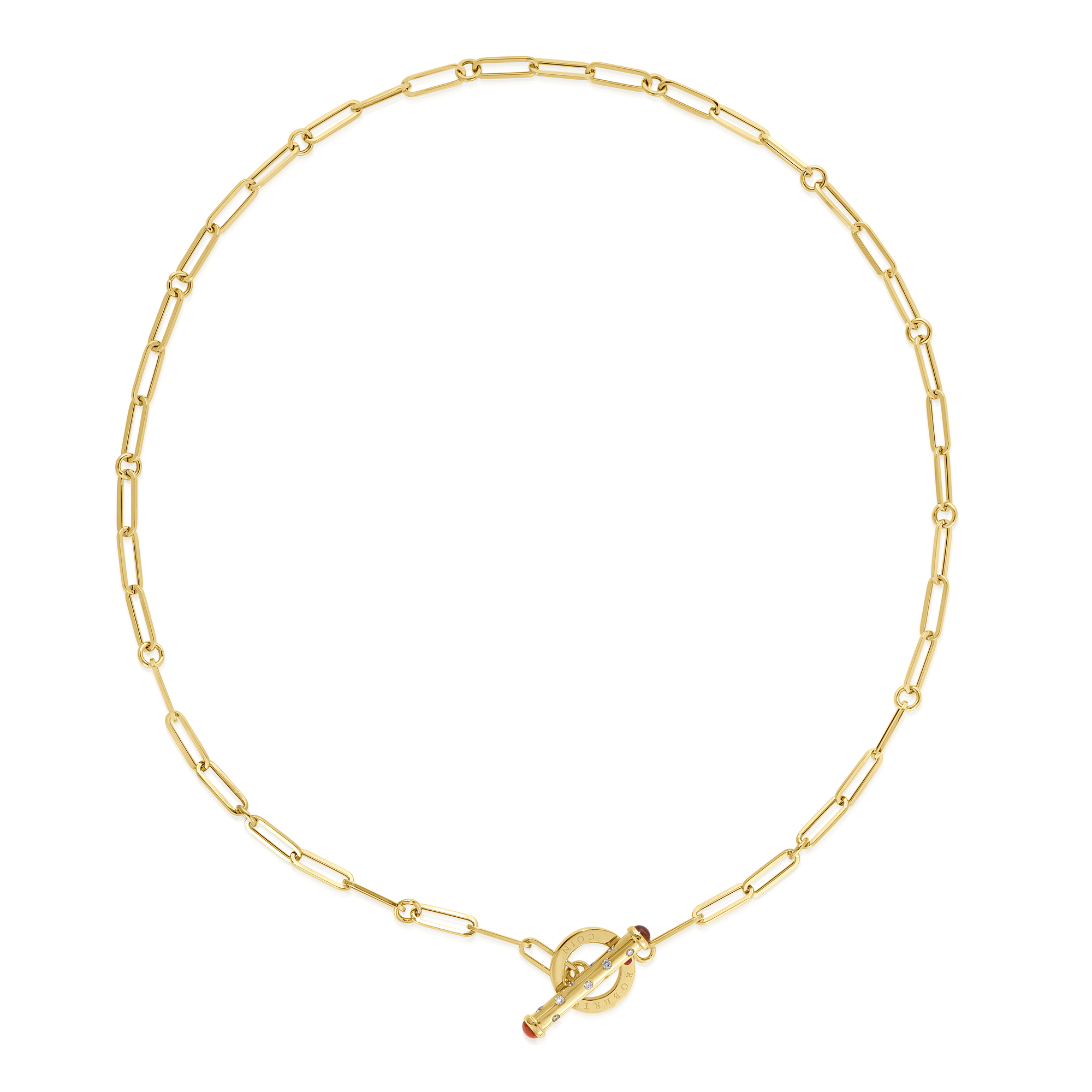 18k Yellow Designer Gold Scattered Diamond & Rubellite Toggle Closure Paperclip Chain Necklace