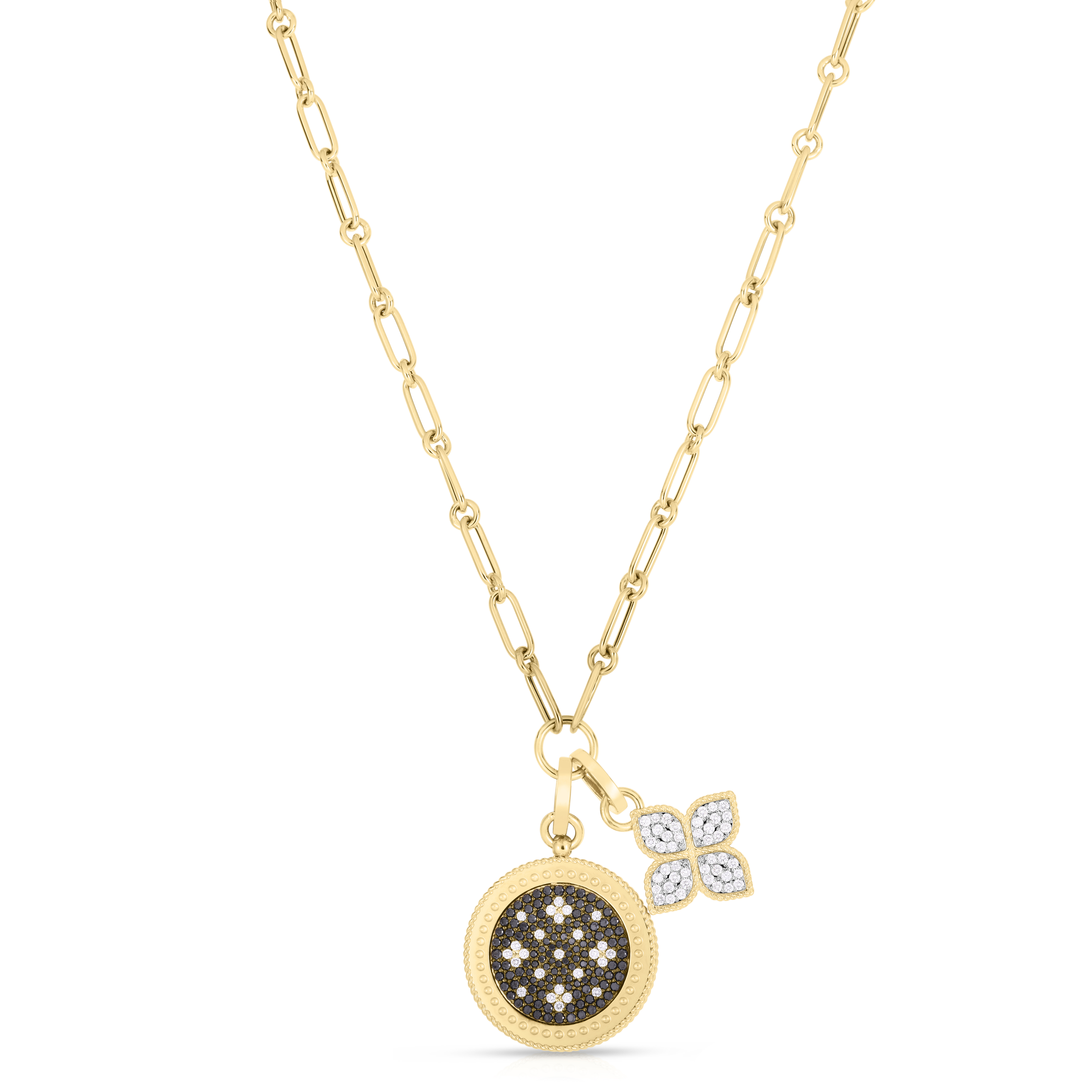 18k Yellow Gold Princess Flower White & Black Diamond Medallion Necklace