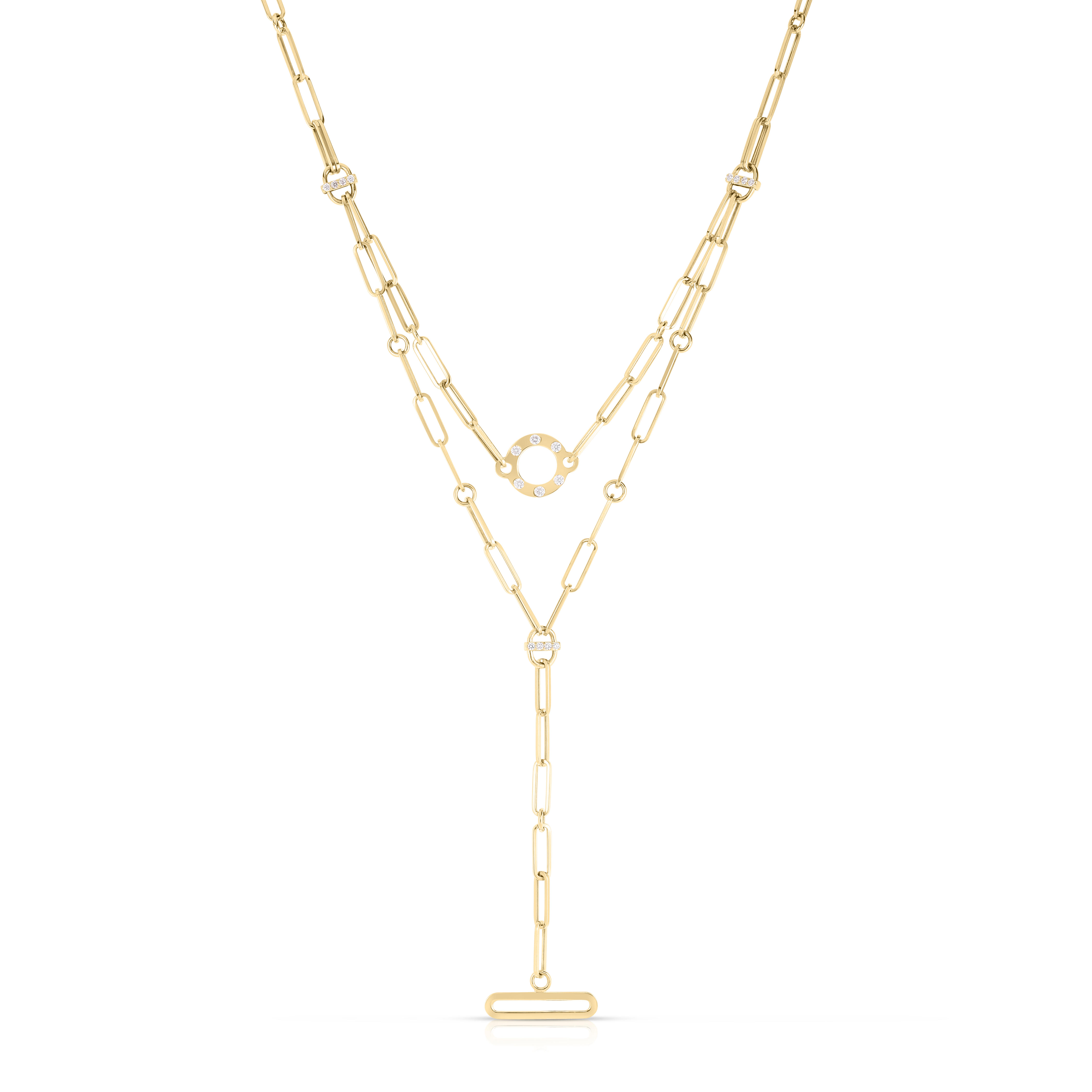 18k Yellow Designer Gold Diamond Double Dangle Paperclip Necklace