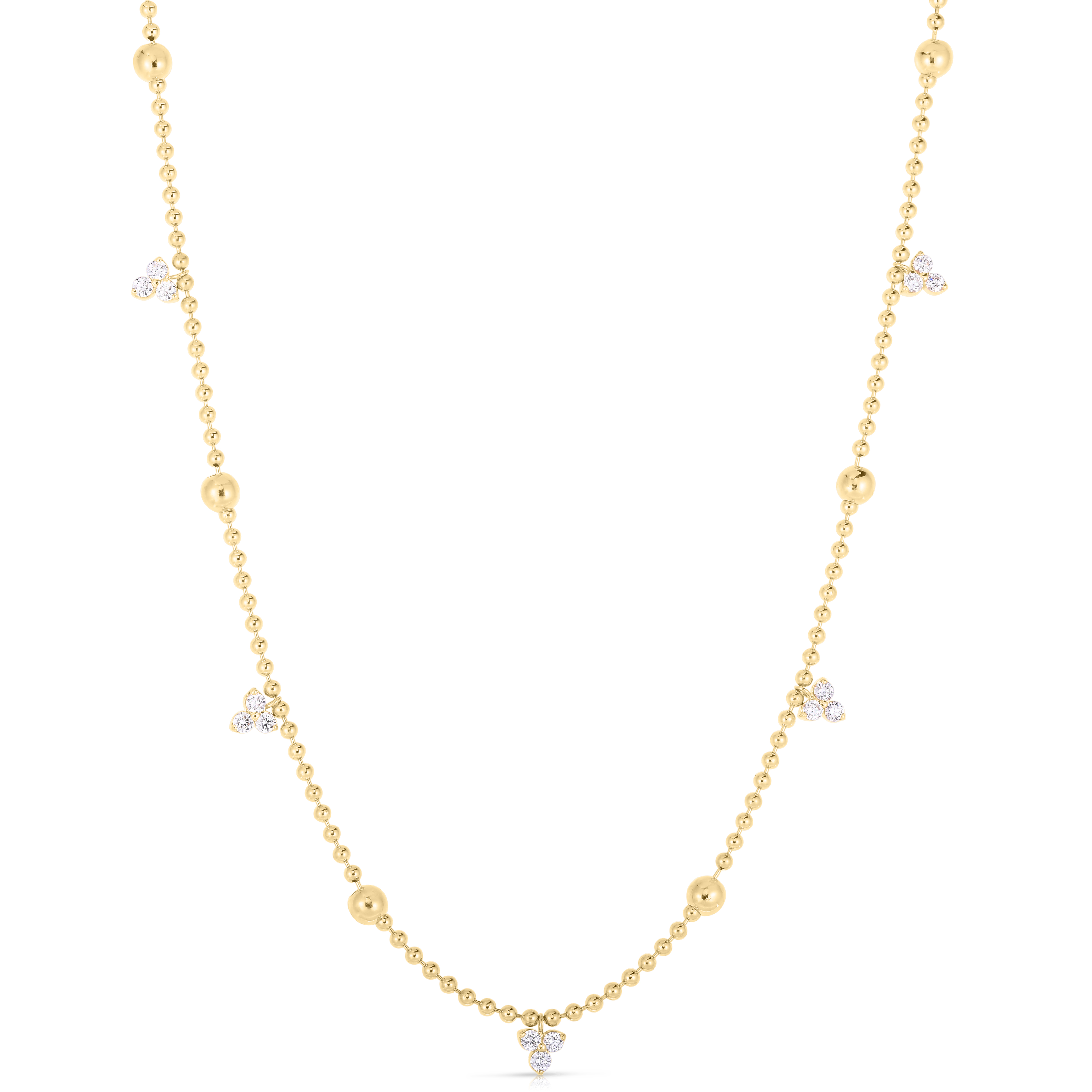 18k Yellow Gold Love By The Yard Alternating Gold Bead & Diamond Cluster Station Necklace