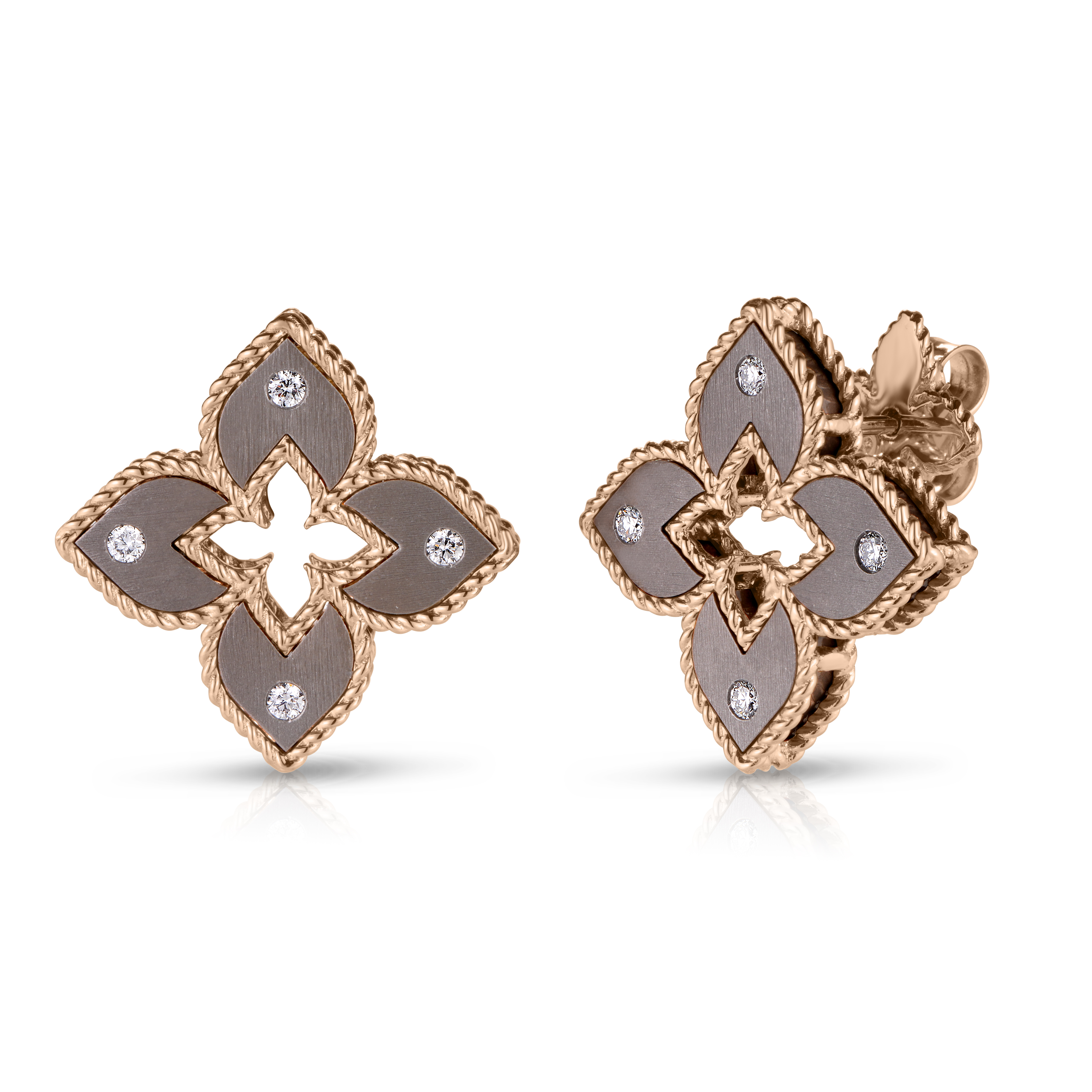 18k Rose Gold Venetian Princess Mini Diamond & Gray Titanium Flower Stud Earrings