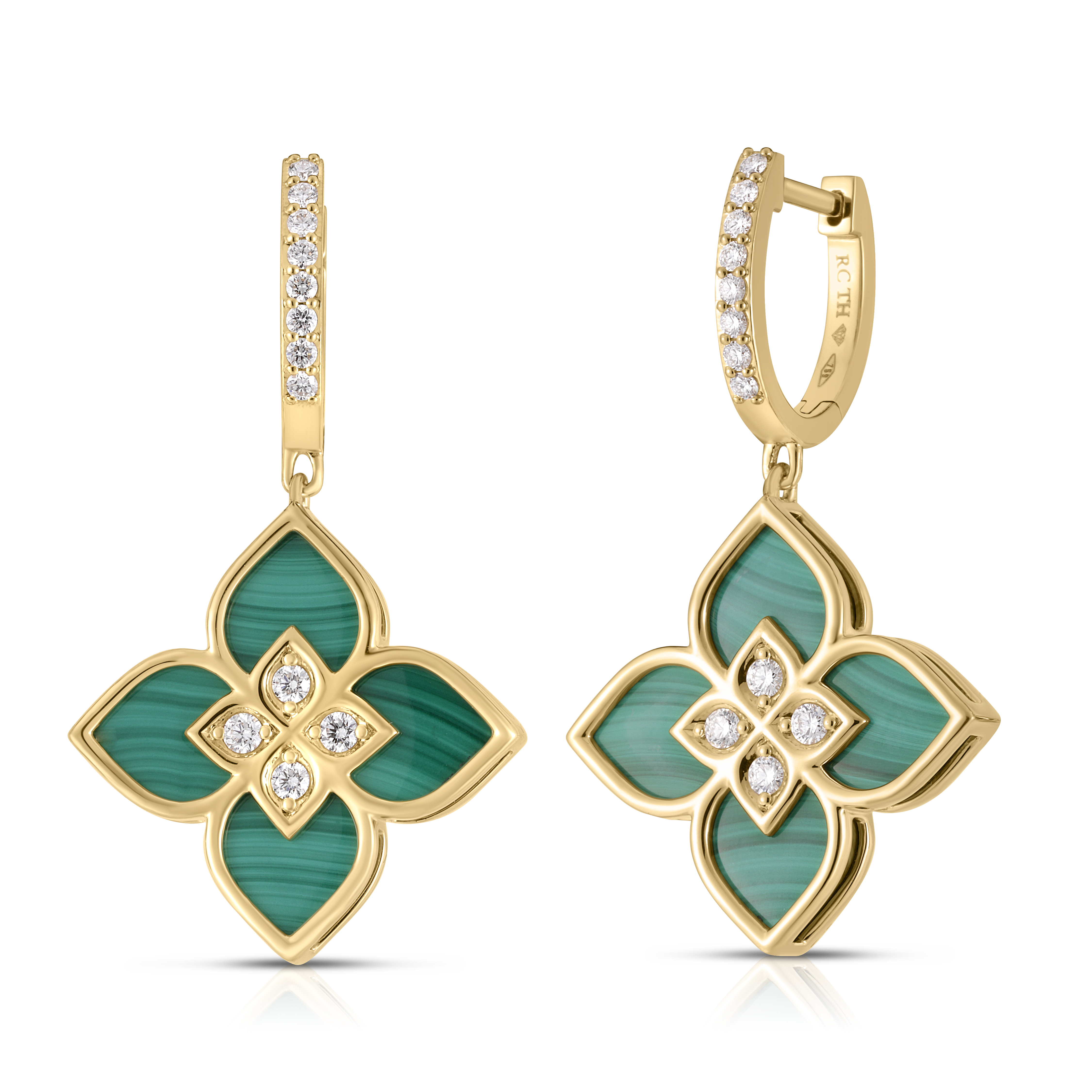 18k Yellow Gold Venetian Pricess Diamond & Malachite Drop Earrings