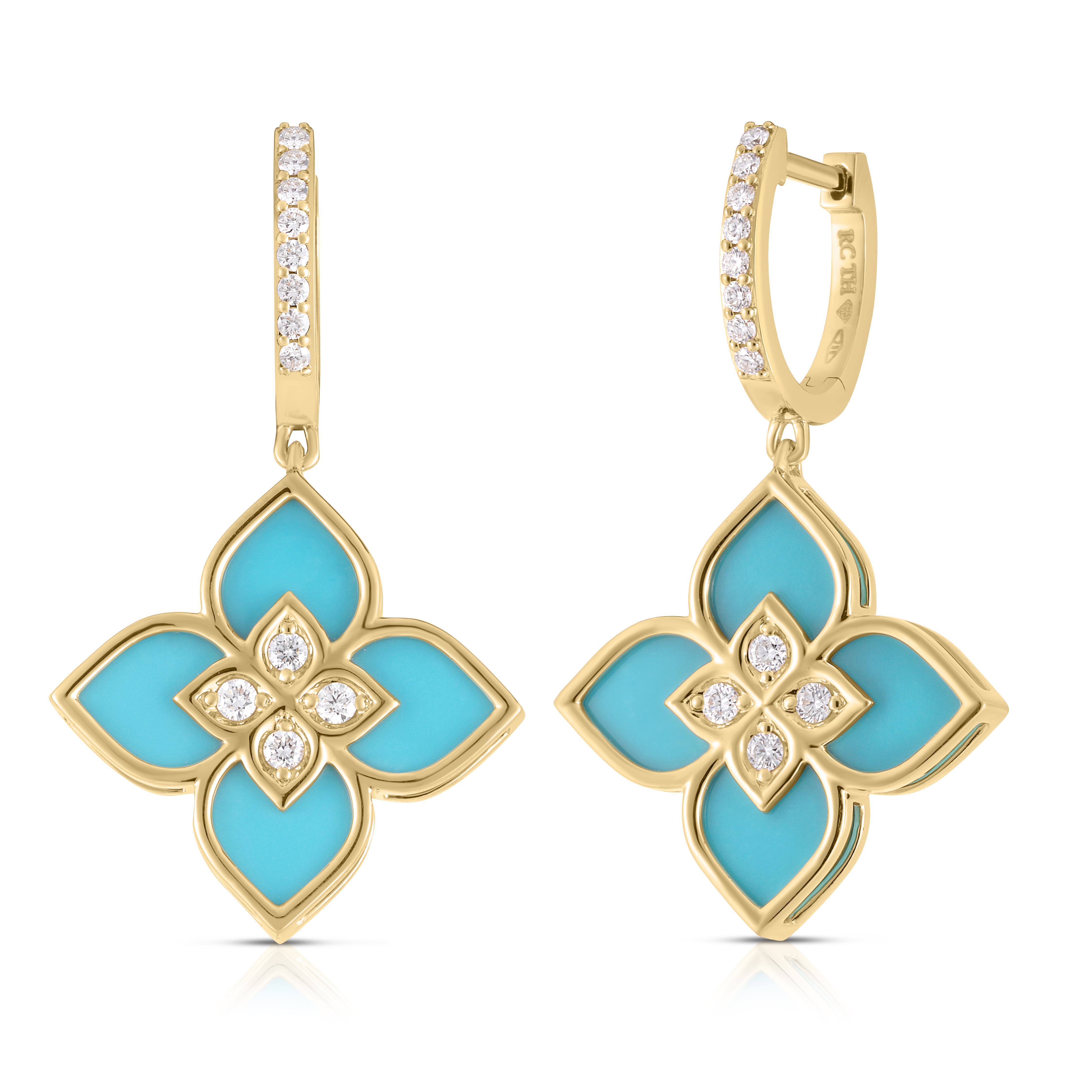 18k Yellow Gold Ventian Princess Diamond & Turquoise Drop Earrings