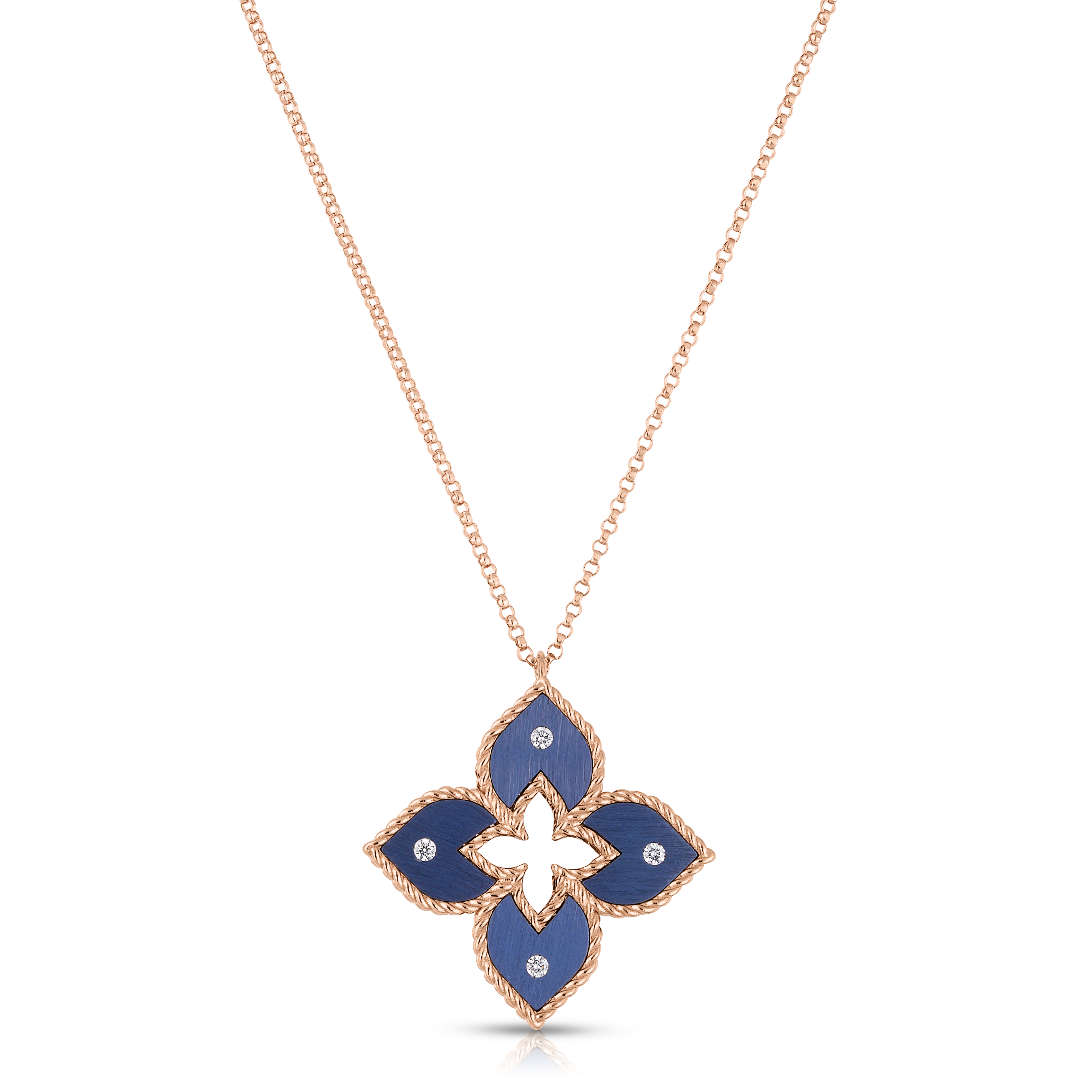 18k Rose Gold Venetian Princess Small Diamond & Blue Titanium Flower Necklace