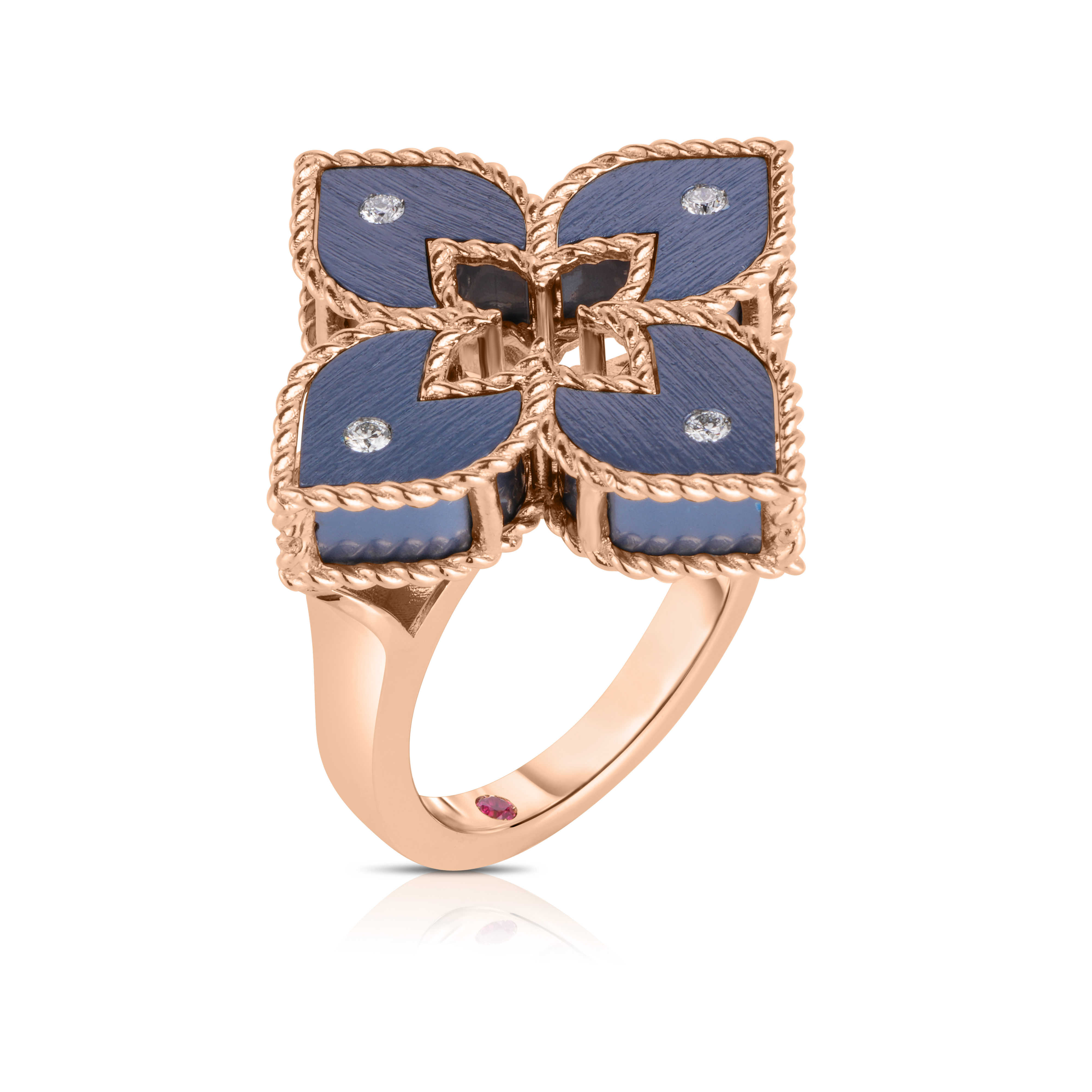 18k Rose Gold Venetian Princess Small Diamond & Blue Titanium Flower Ring