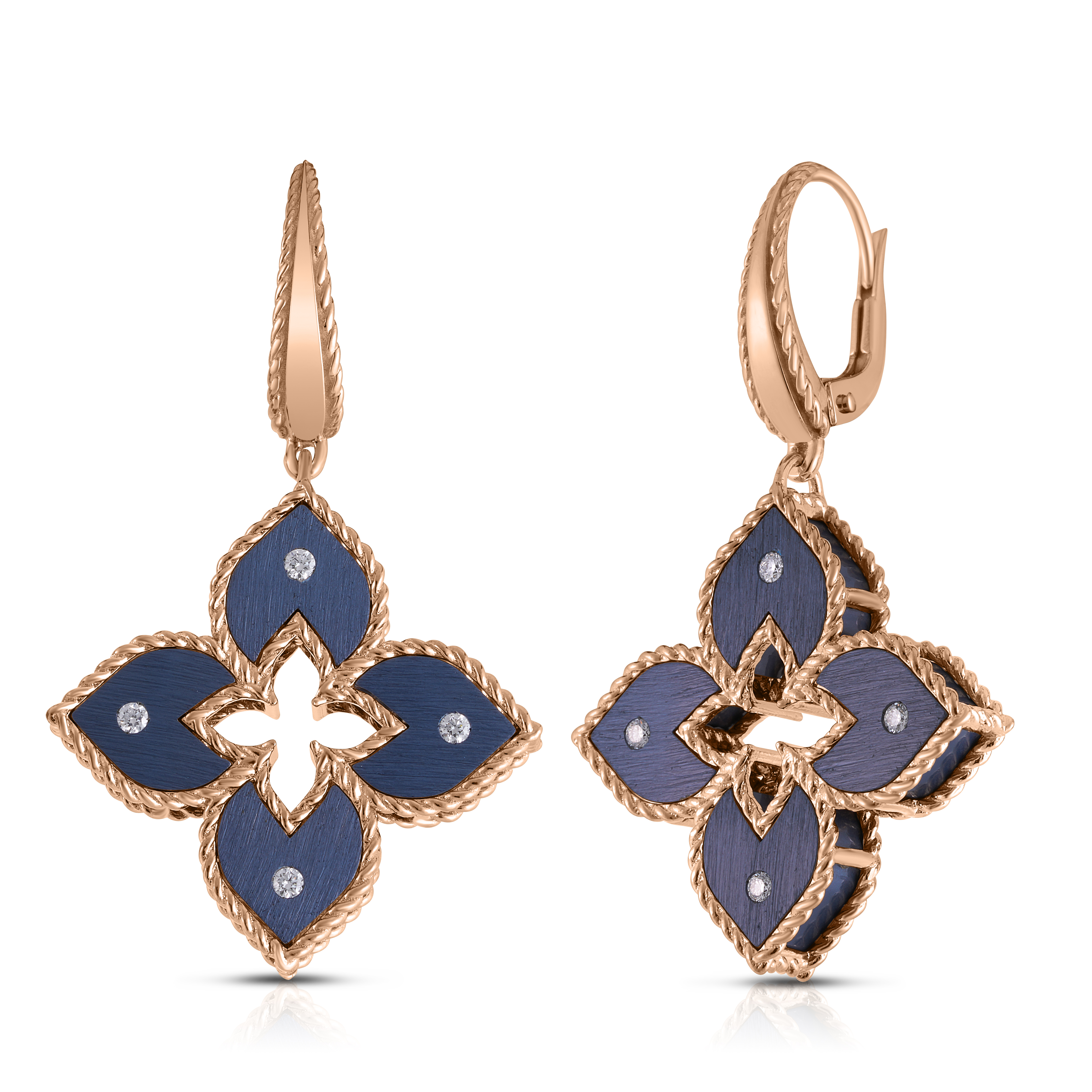 18k Rose Gold Venetian Princess Small Diamond & Blue Titanium Flower Drop Earrings