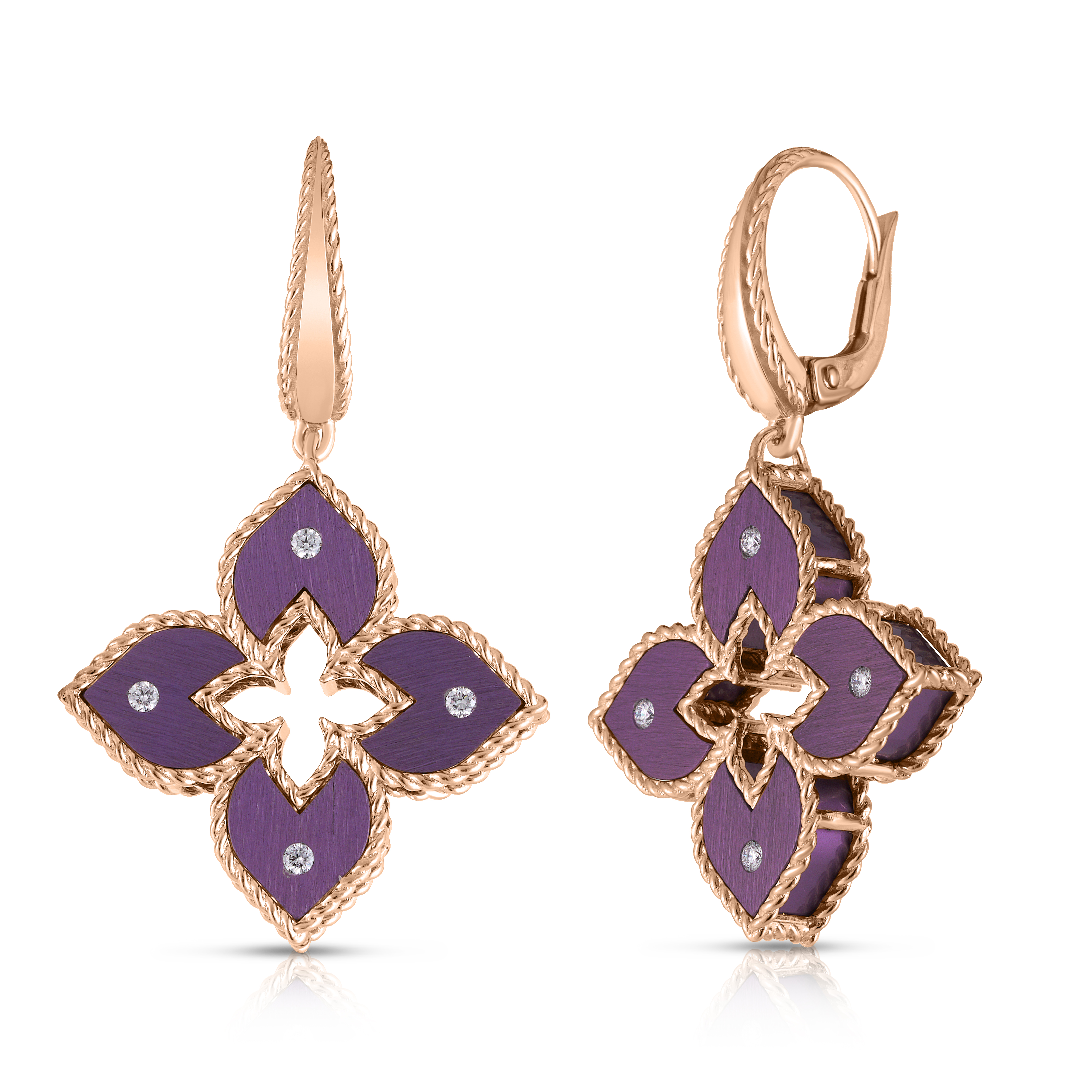 18k Rose Gold Venetian Princess Small Diamond & Purple Titanium Flower Drop Earrings