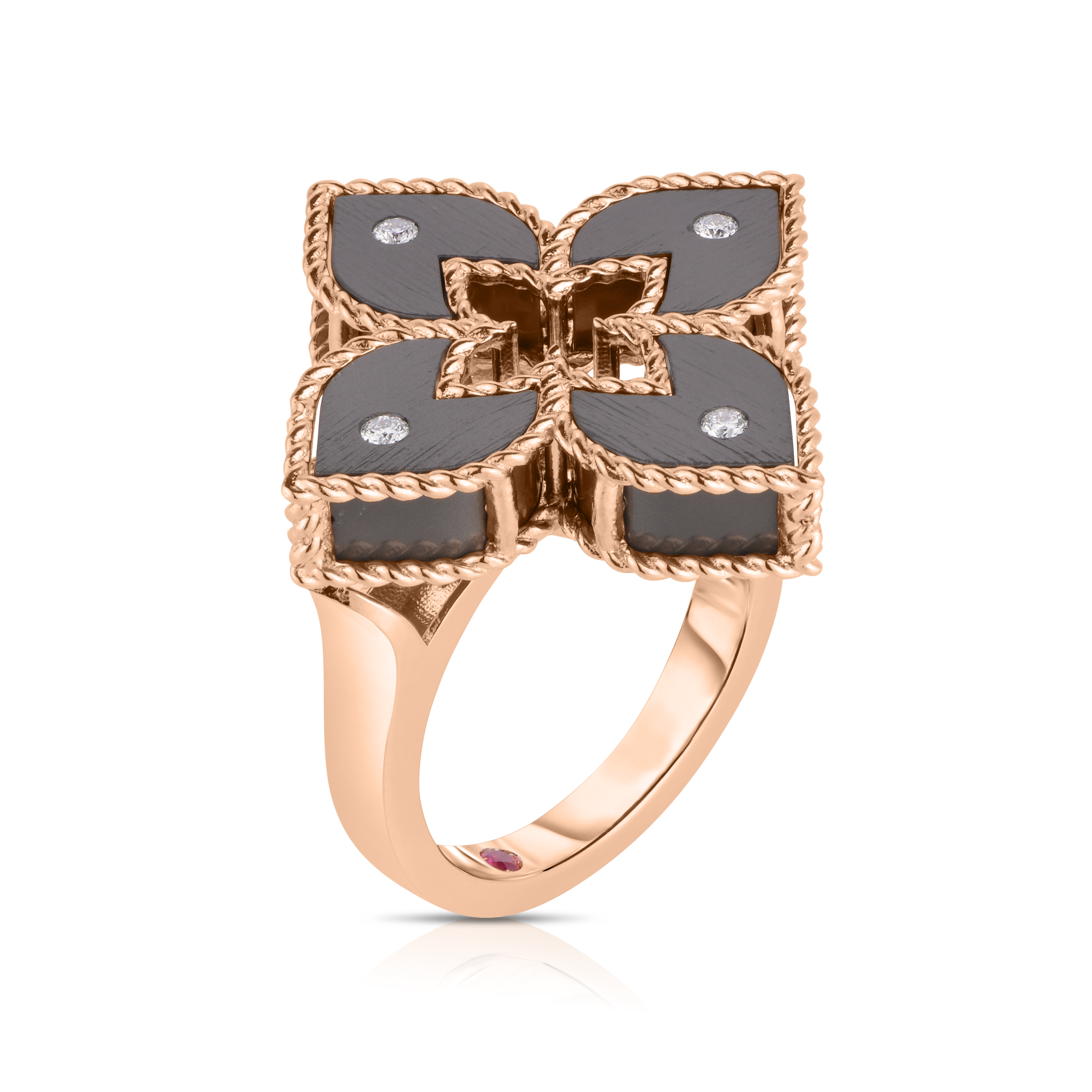 18k Rose Gold Venetian Princess Small Diamond & Gray Titanium Flower Ring