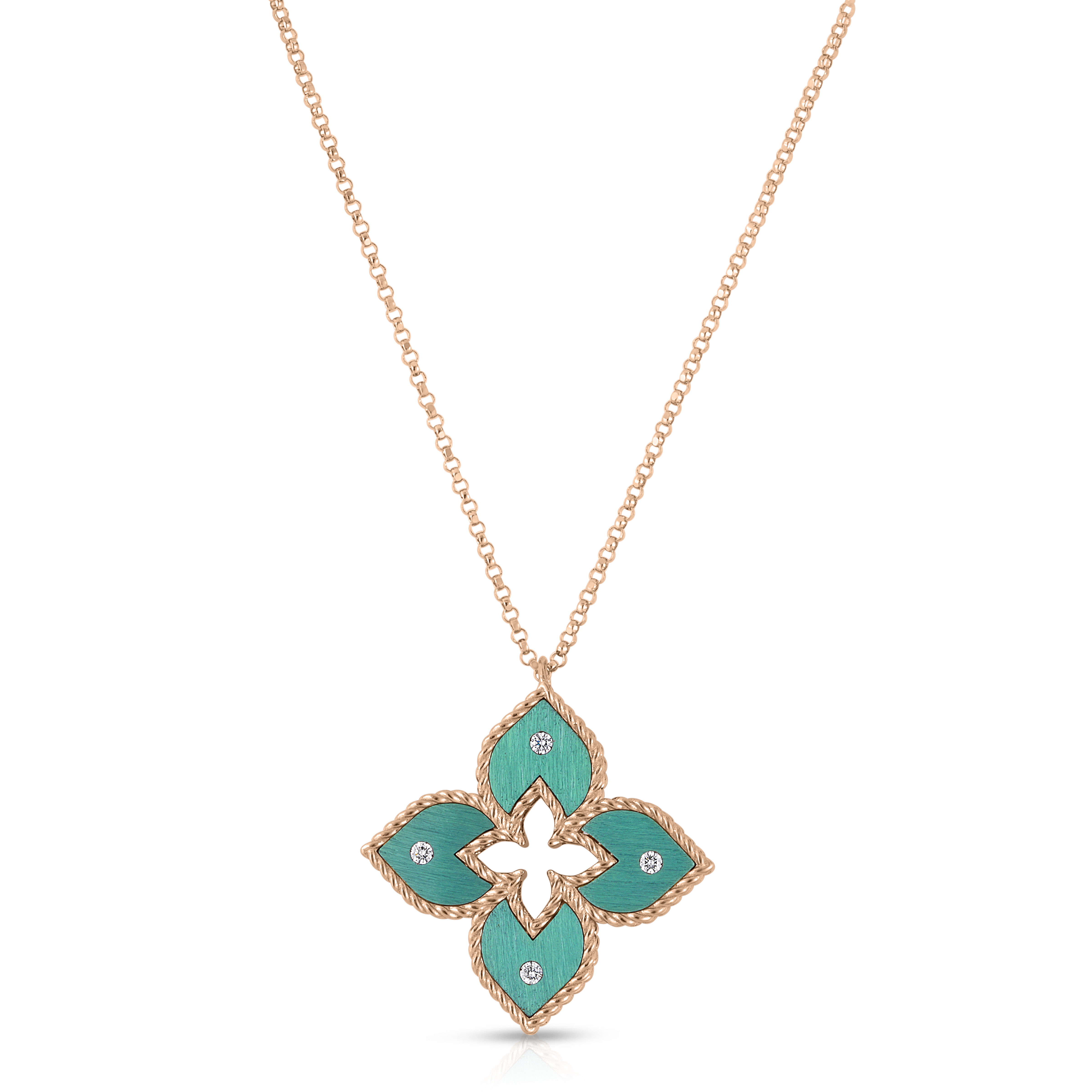 18k Rose Gold Venetian Princess Small Diamond & Green Titanium Flower Necklace