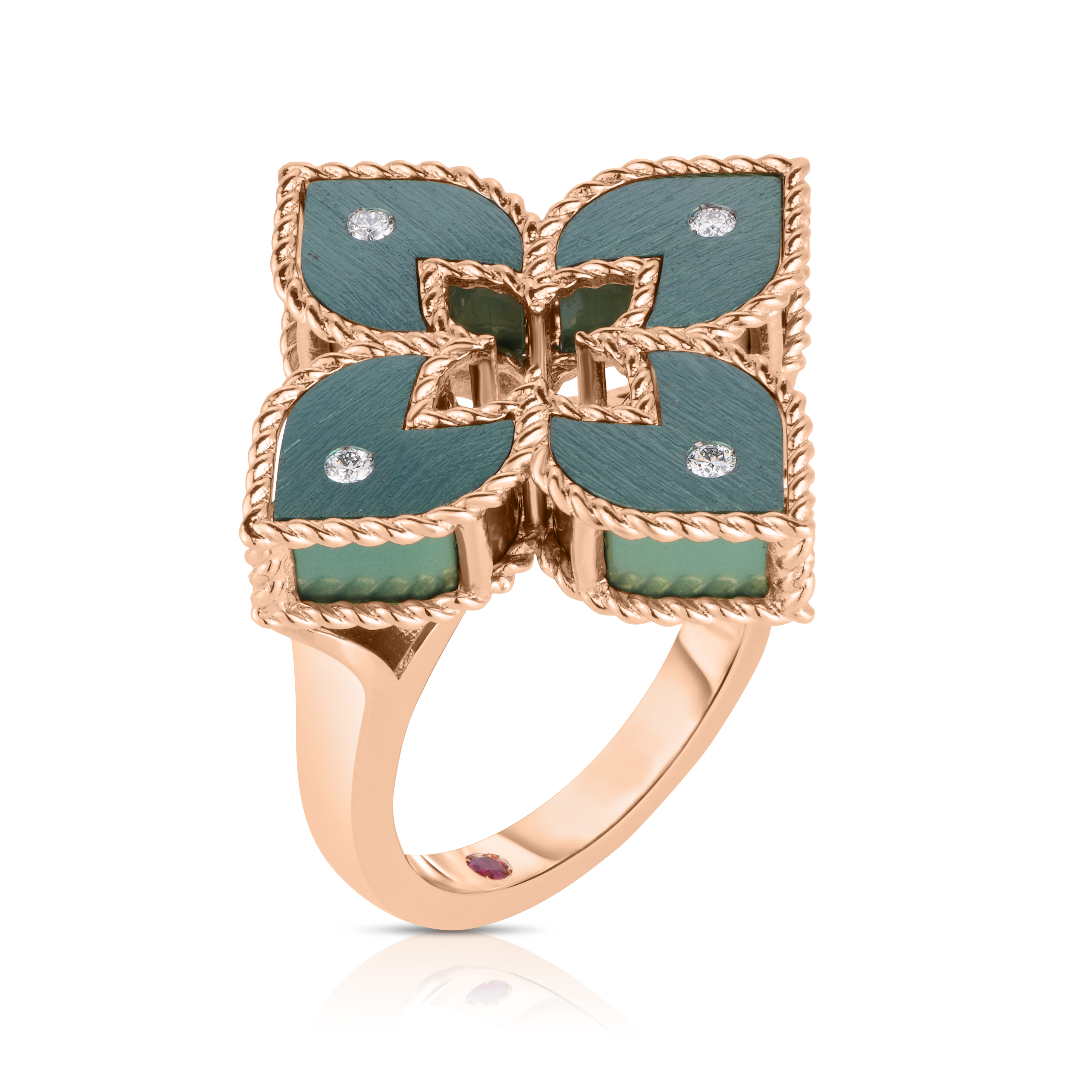 18k Rose Gold Venetian Princess Small Diamond & Green Titanium Flower Ring