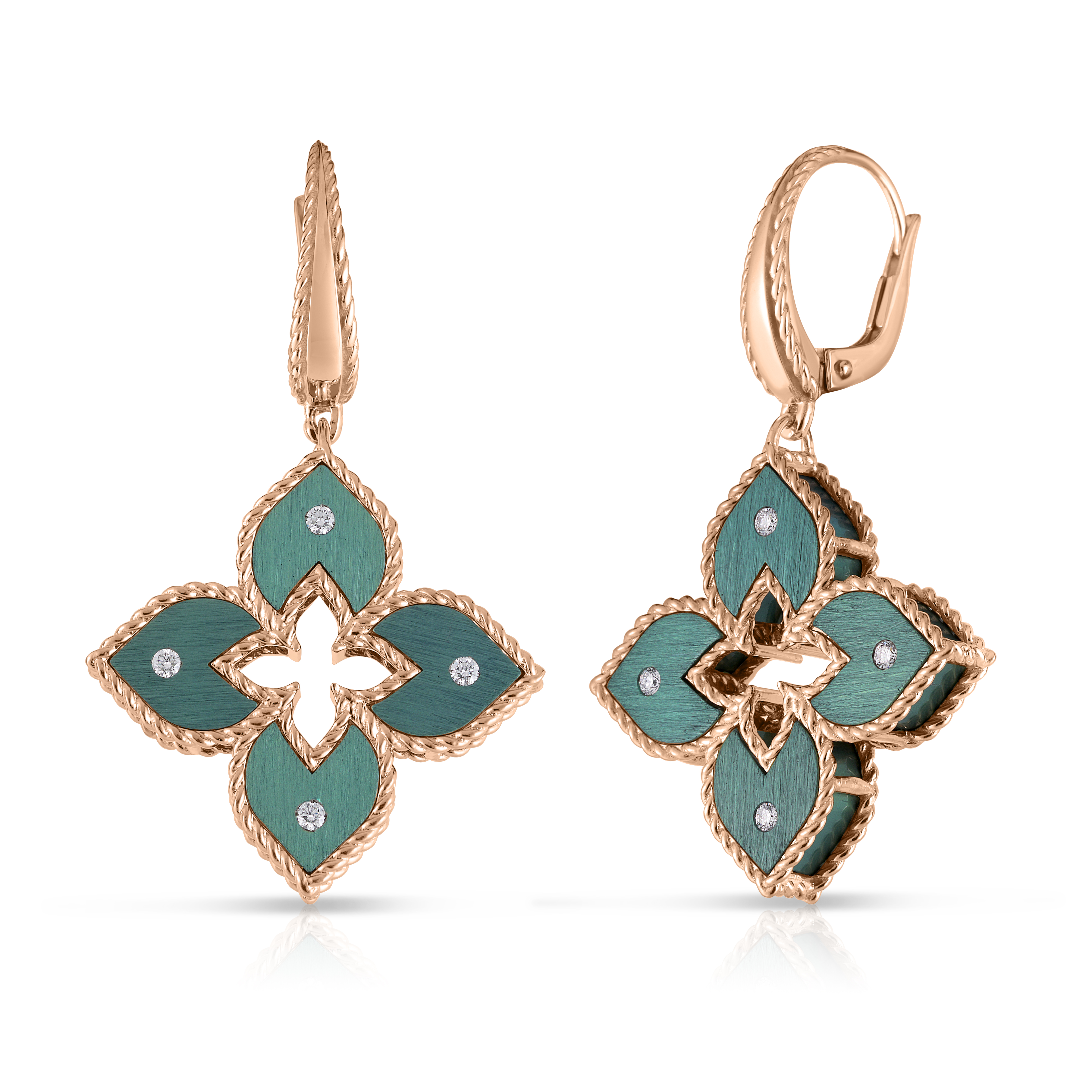 18k Rose Gold Venetian Princess Small Diamond & Green Titanium Flower Drop Earrings
