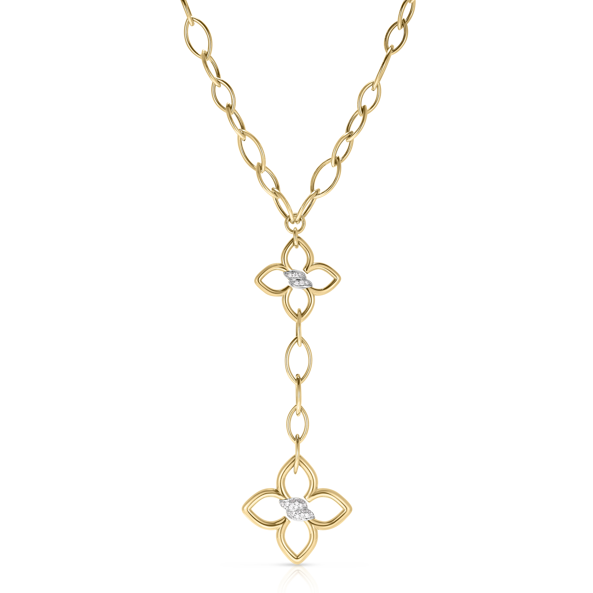 18k Yellow/white Gold Cialoma Double Diamond Flower Almond Link Dangle Necklace