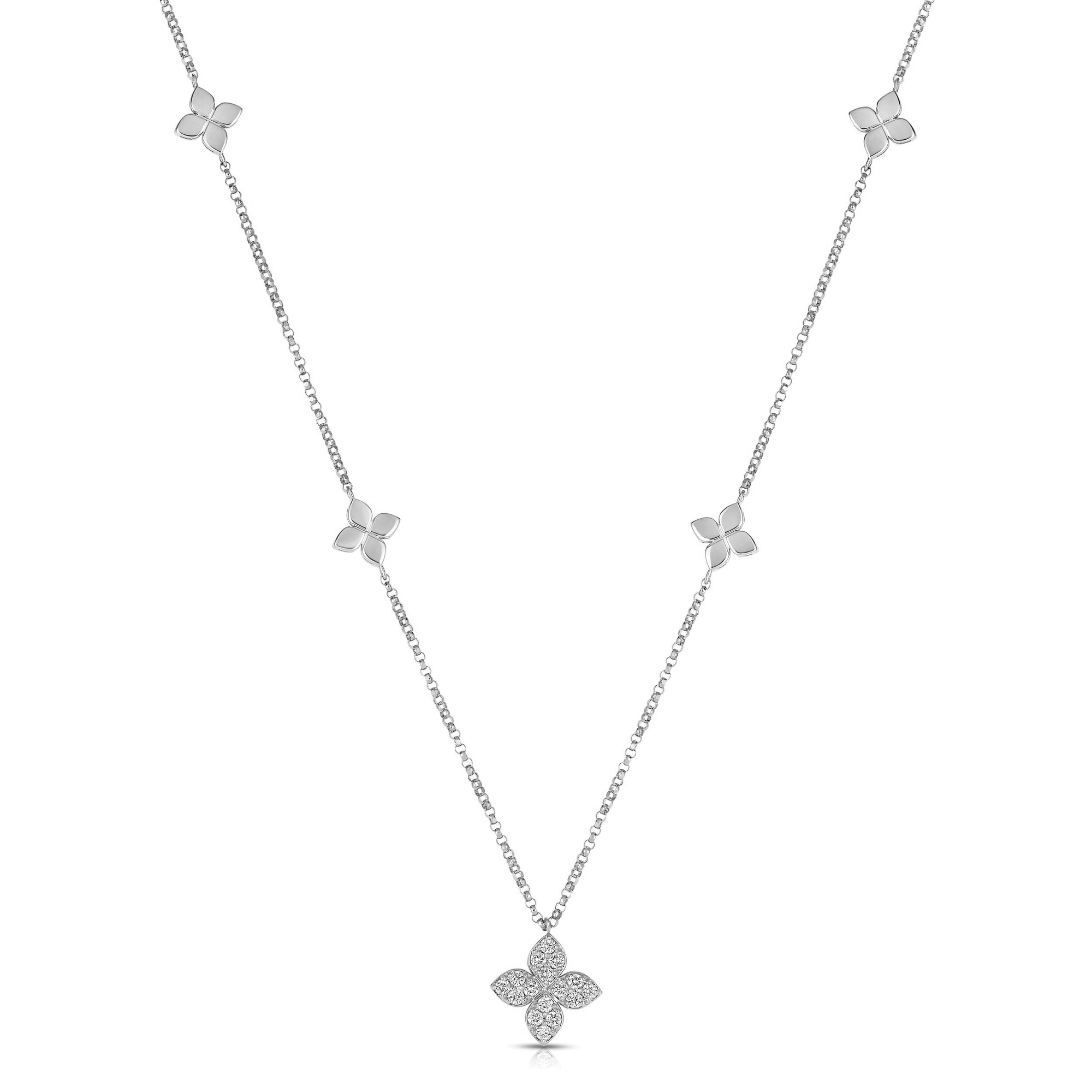18k White Gold Love By The Inch Diamond & Polished Flower Station Necklace